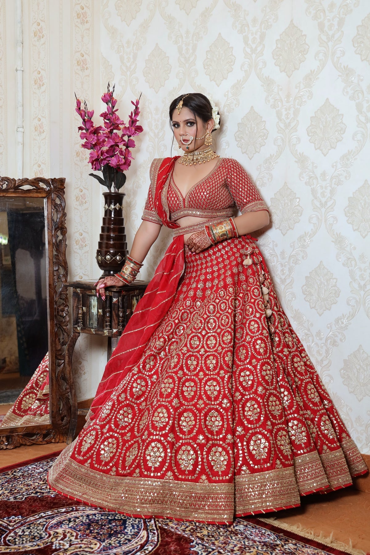 Stunning Vibrant Red Raw Silk Lehenga With Wire Work & Sequins