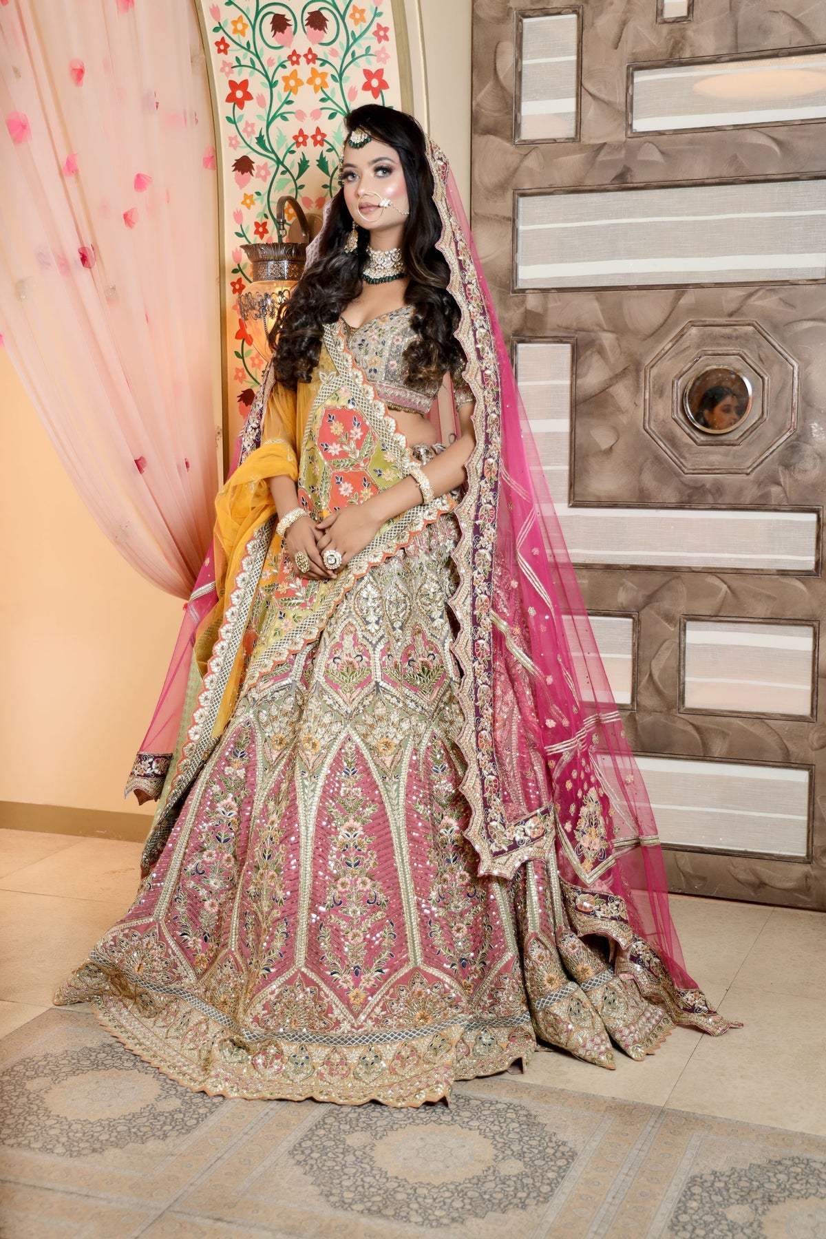 beautiful pink color bridal embroidered lehenga with heavy blouse and matching dupatta