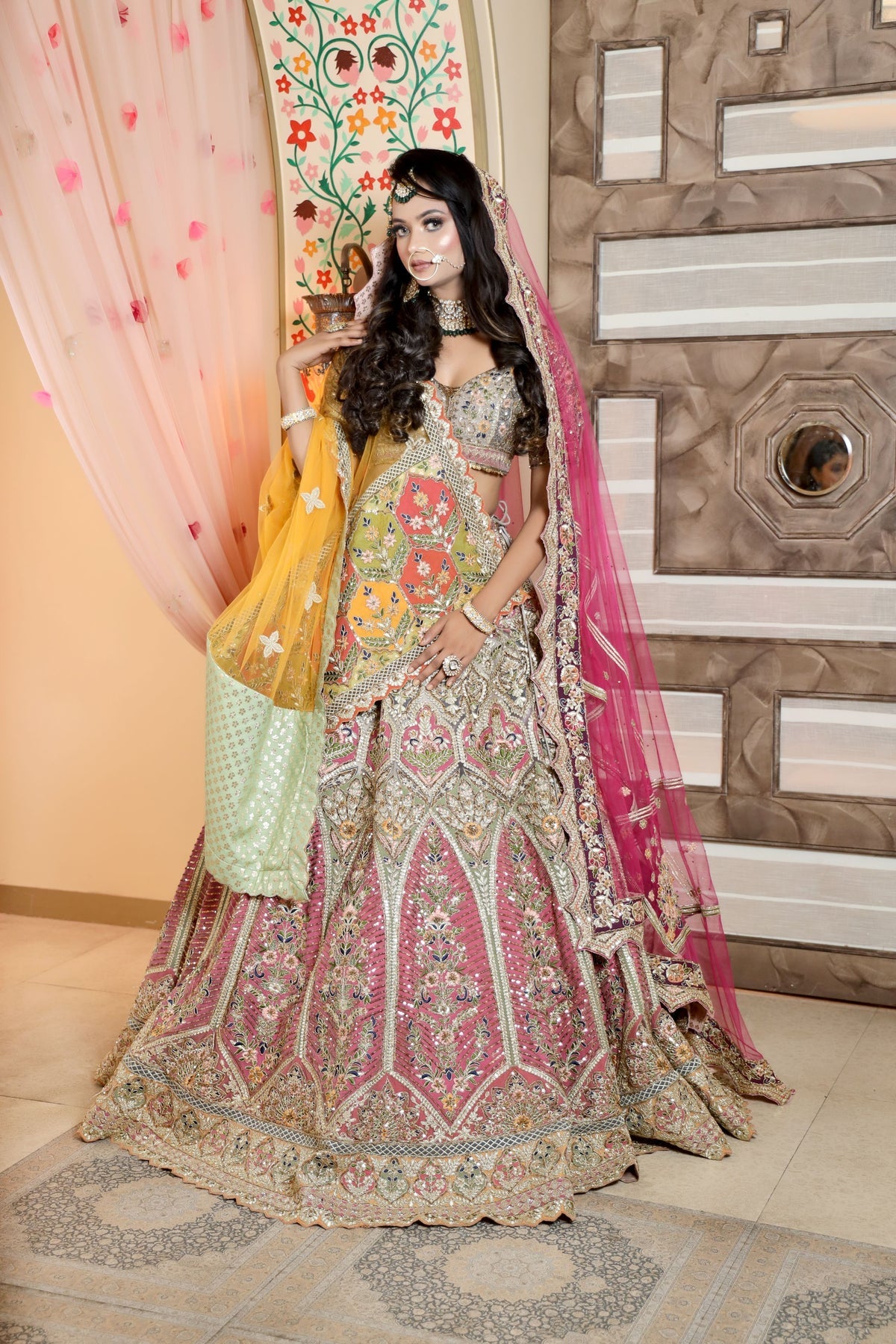beautiful pink color bridal embroidered lehenga with heavy blouse and matching dupatta