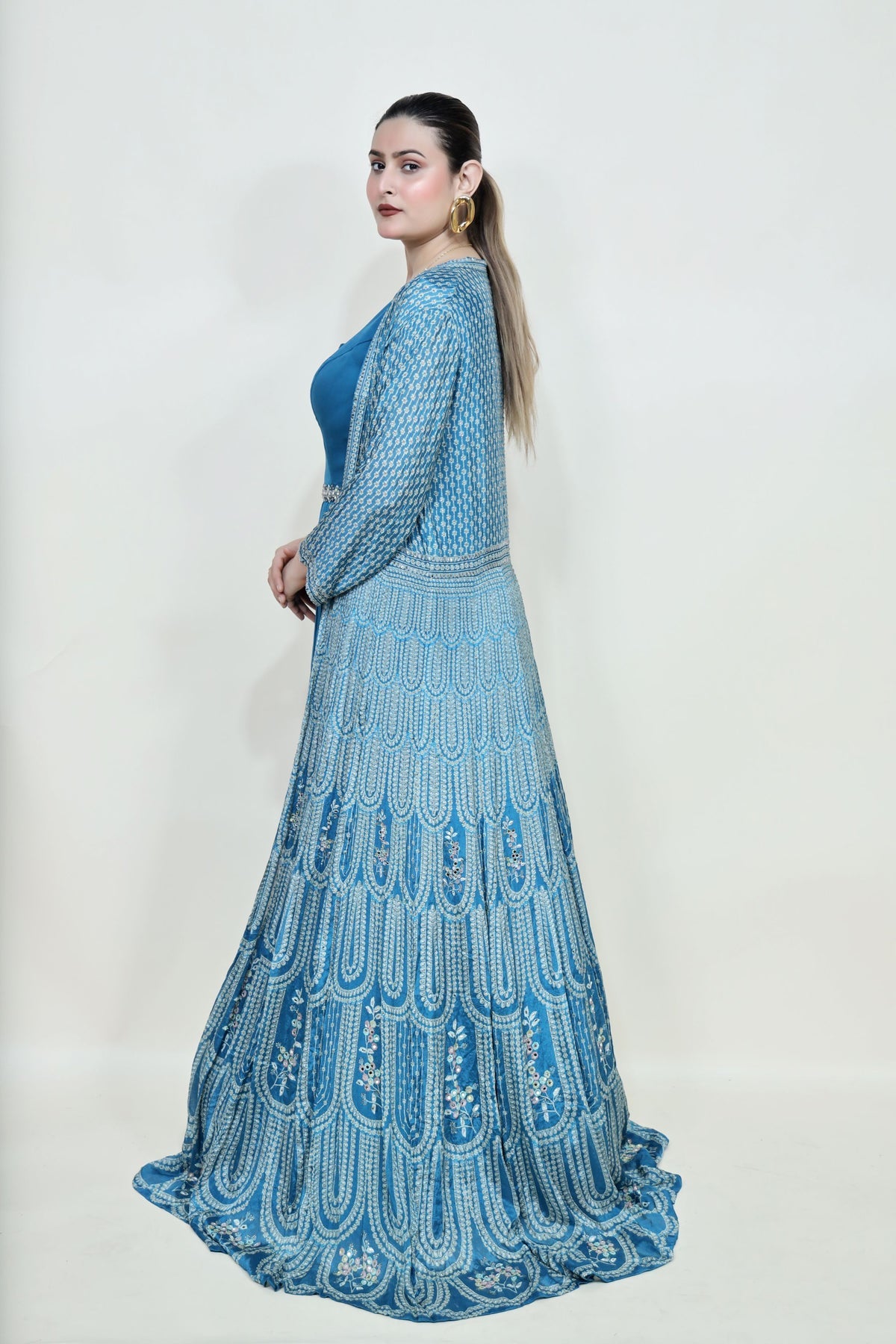 classic blue color floral motif embroidered dress
