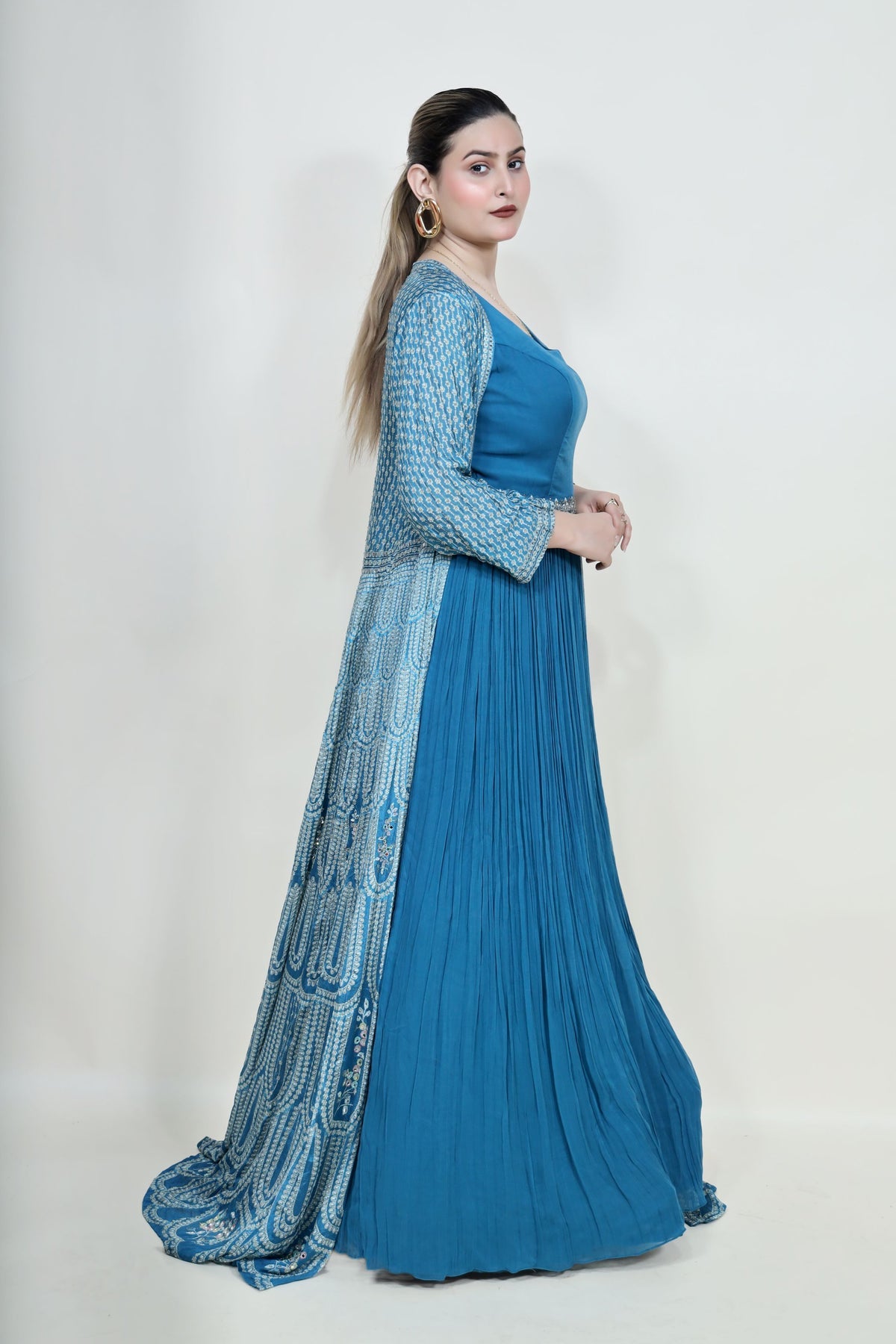 classic blue color floral motif embroidered dress