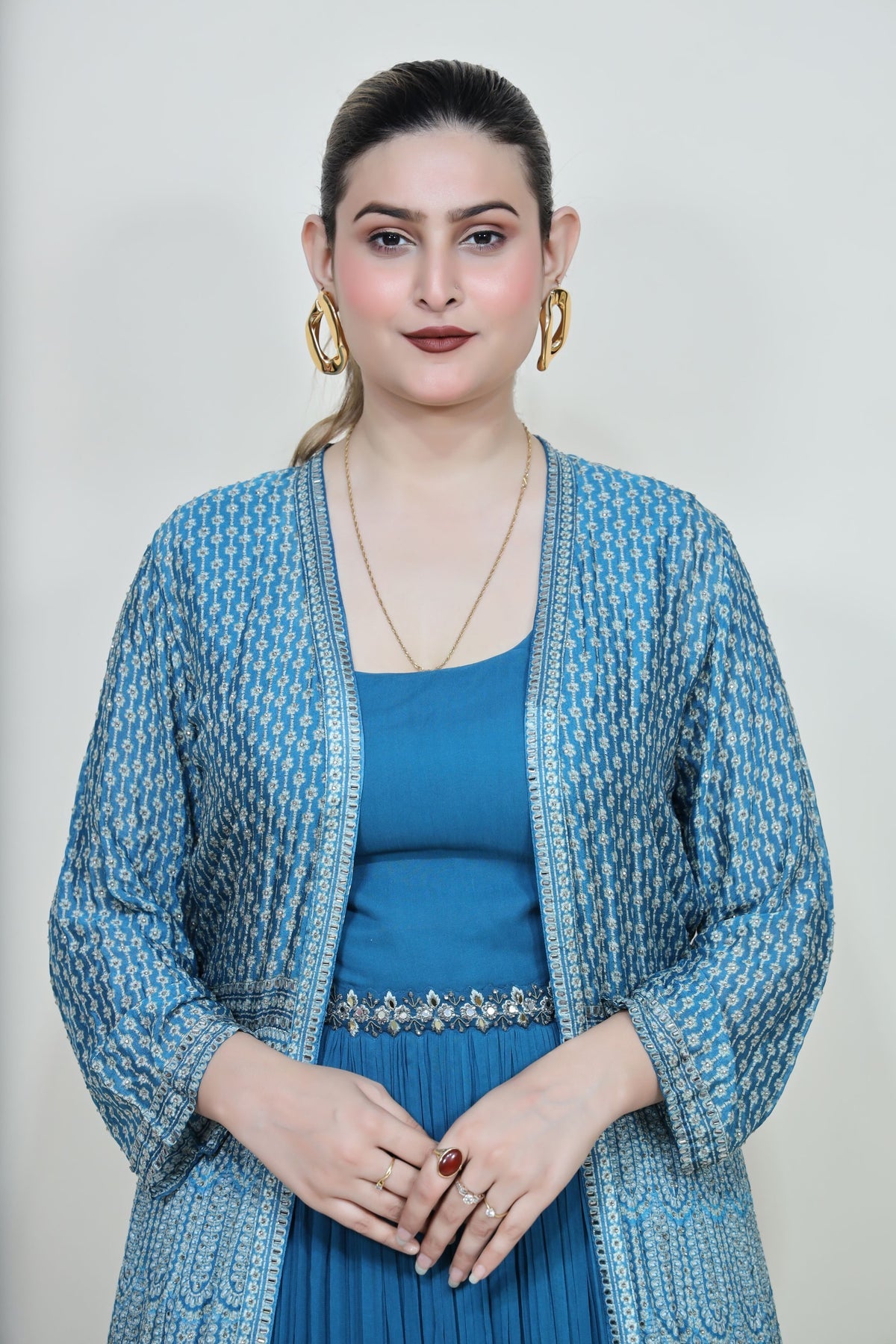 classic blue color floral motif embroidered dress