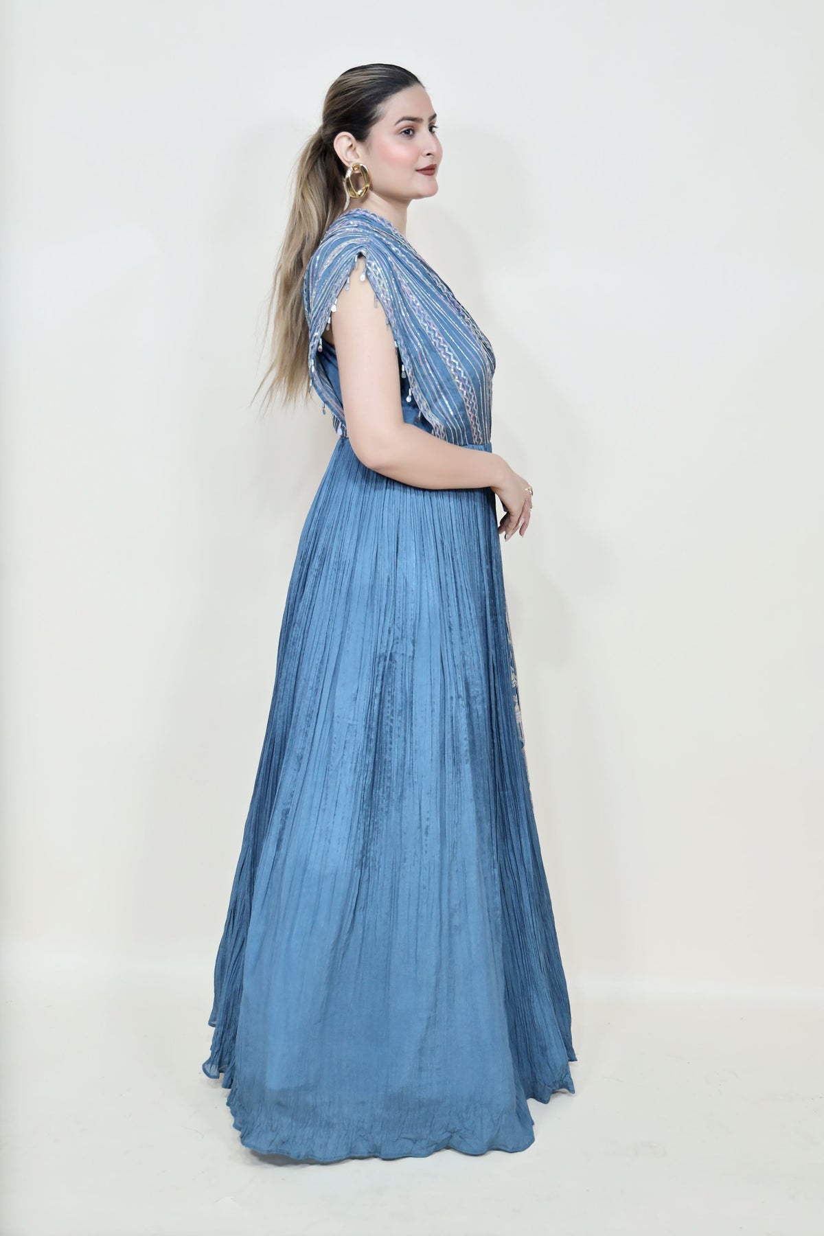beautiful blue color dress with one side drape