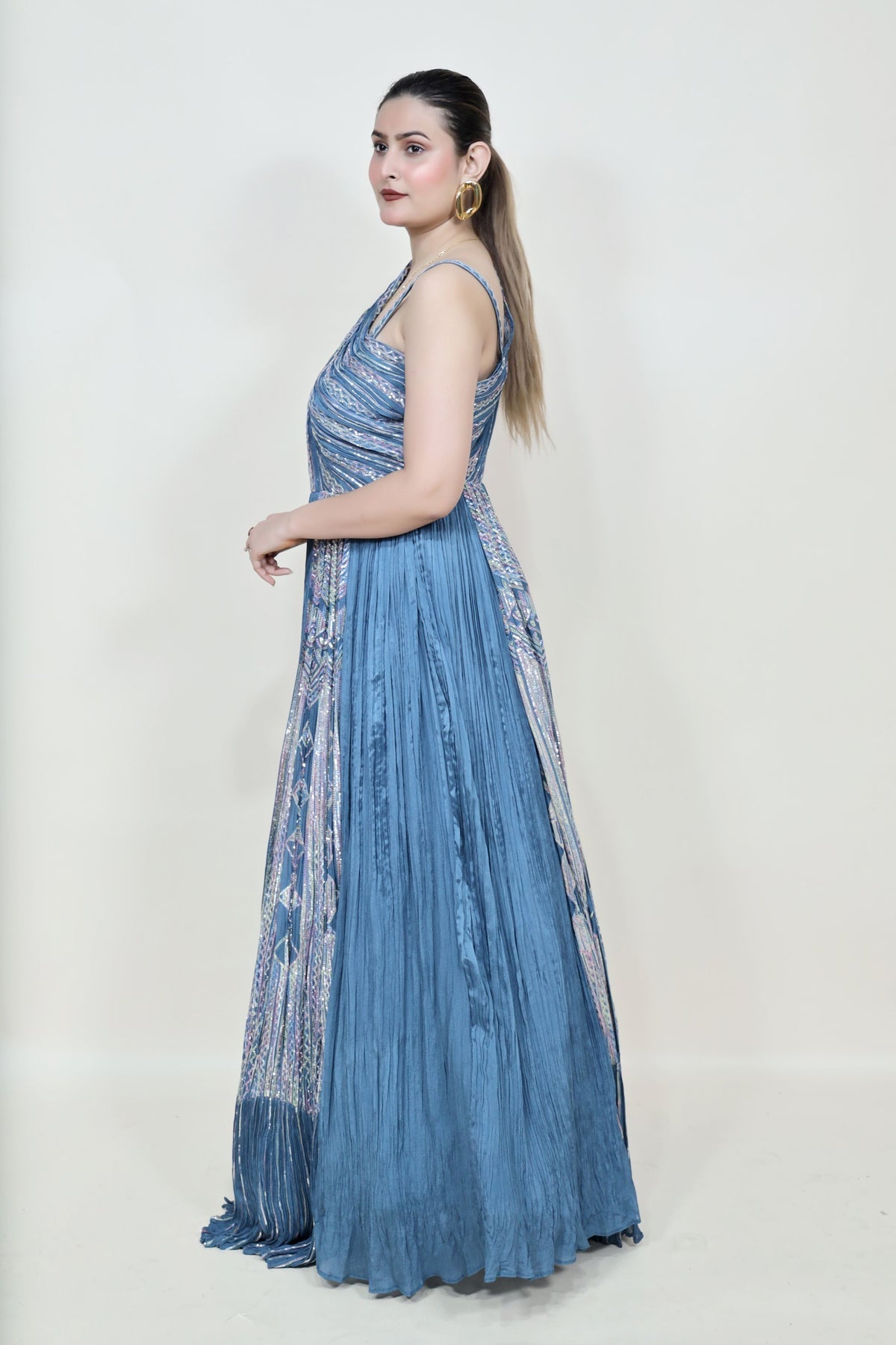 beautiful blue color dress with one side drape