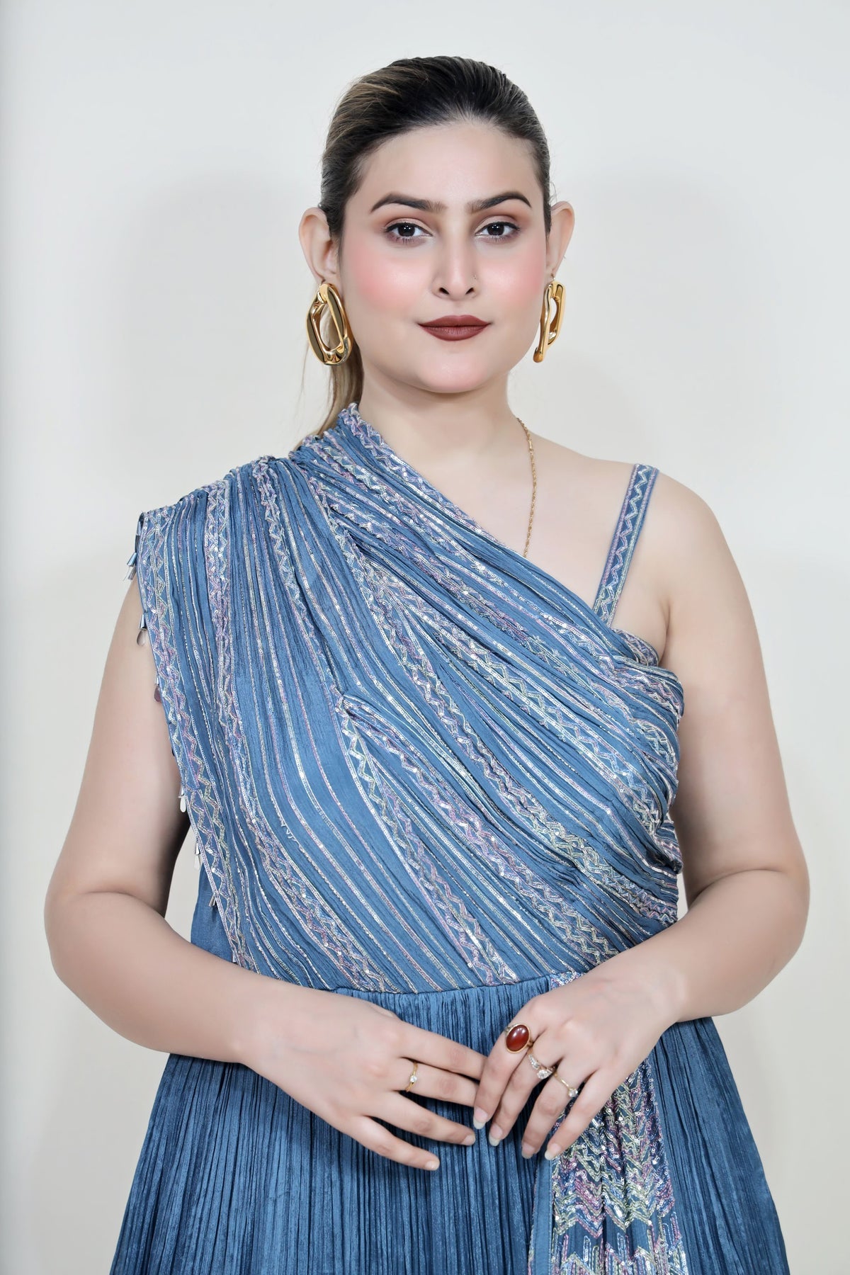 beautiful blue color dress with one side drape