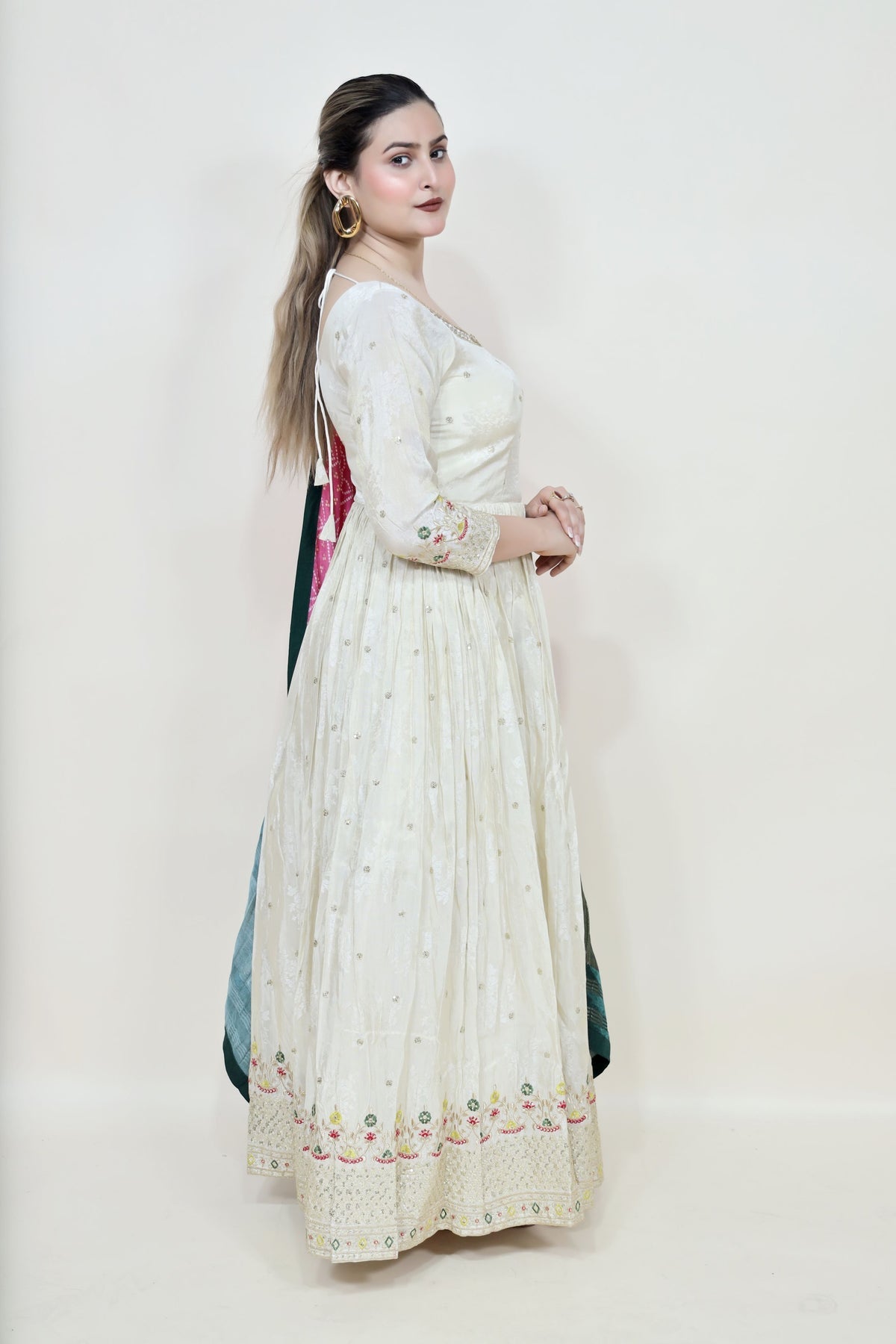 adorable white color floral motif embroidered dress