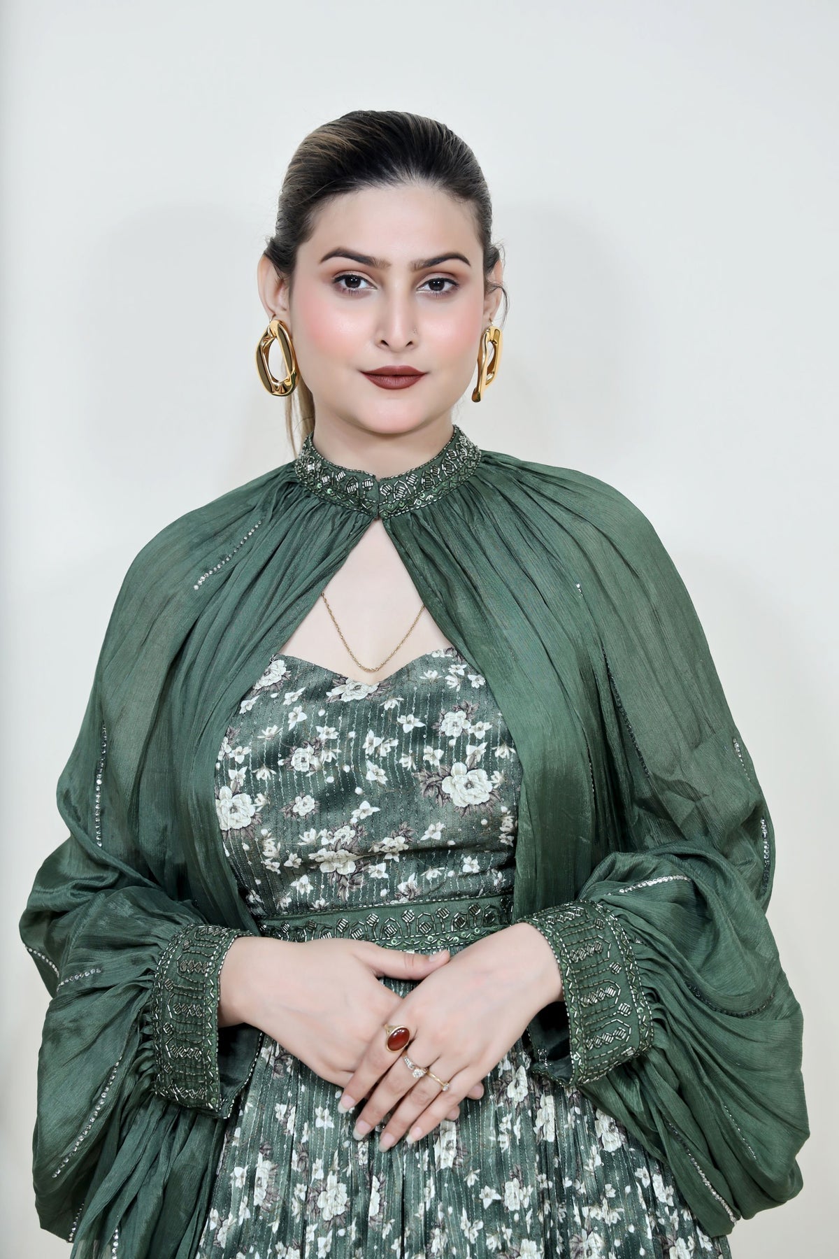 classic green color floral motif printed dress