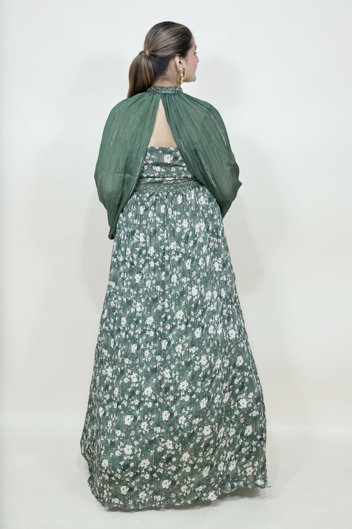 classic green color floral motif printed dress