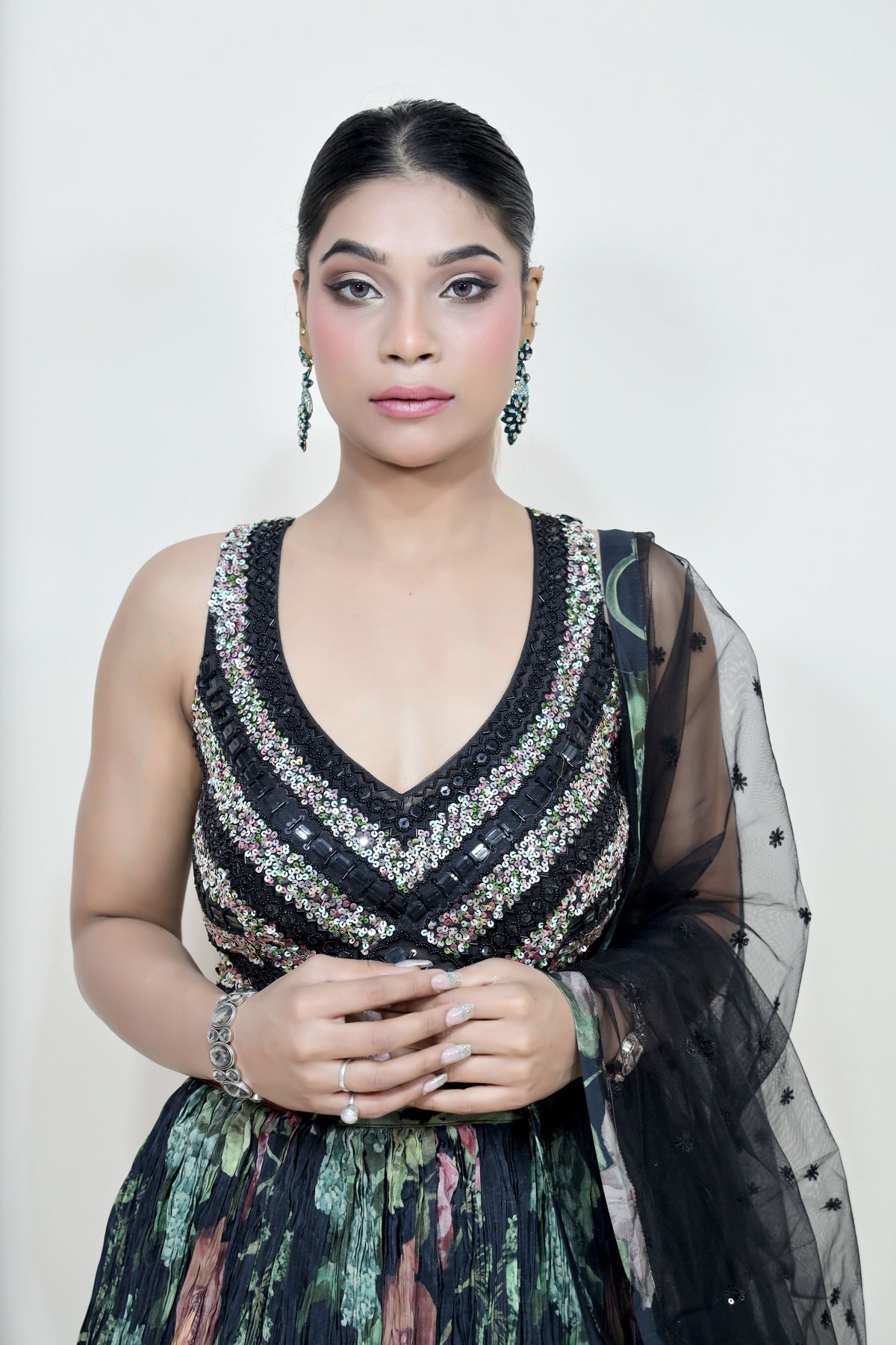 beautiful black color floral motif printed lehenga set