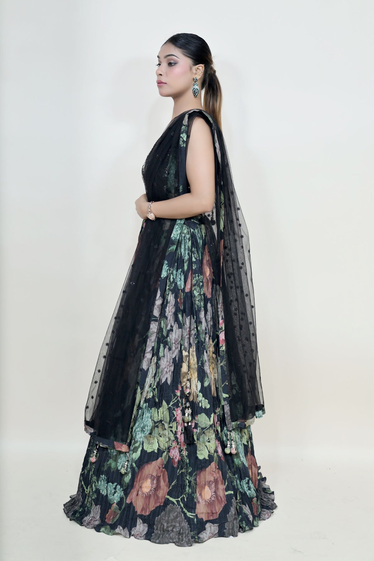 beautiful black color floral motif printed lehenga set