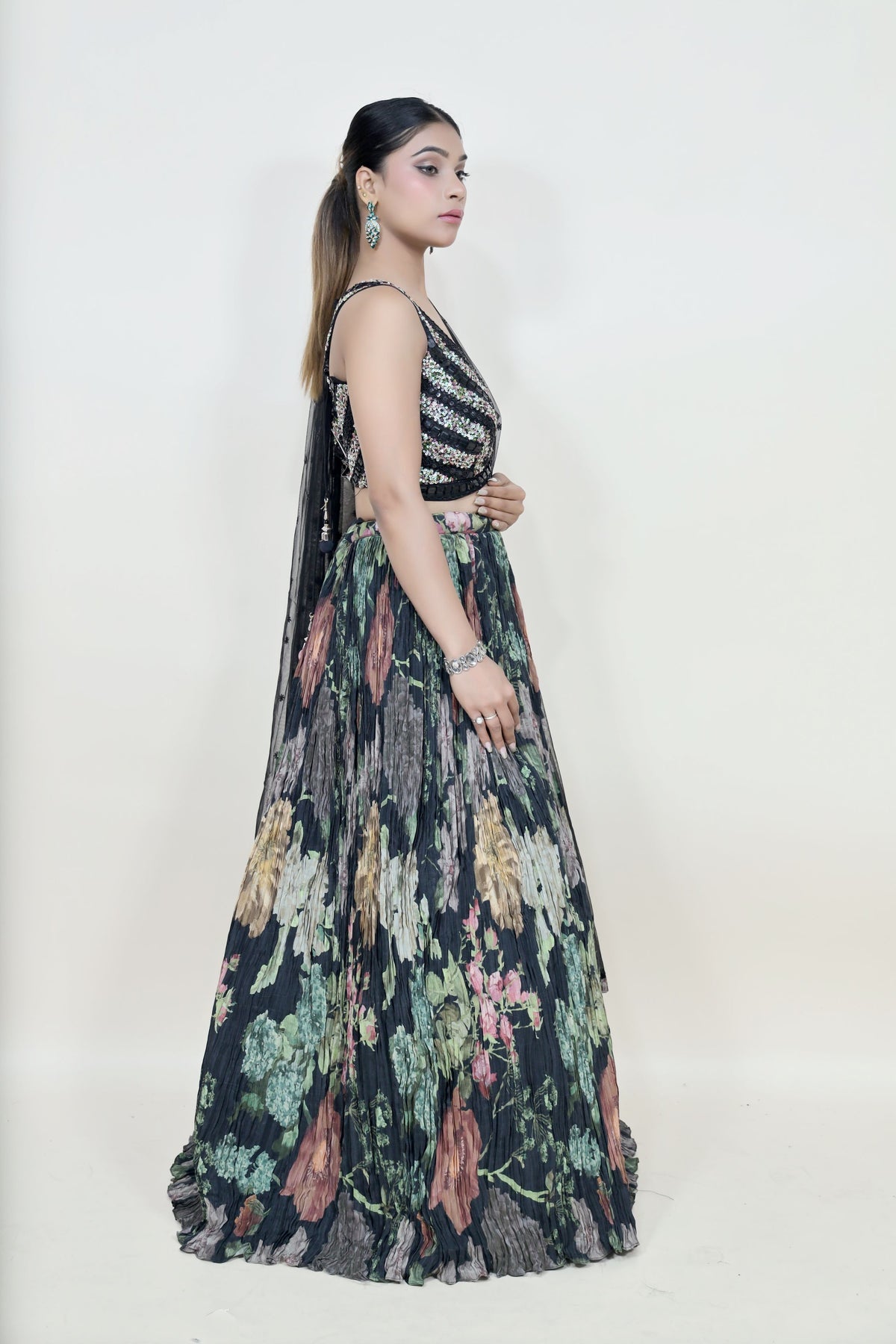 beautiful black color floral motif printed lehenga set