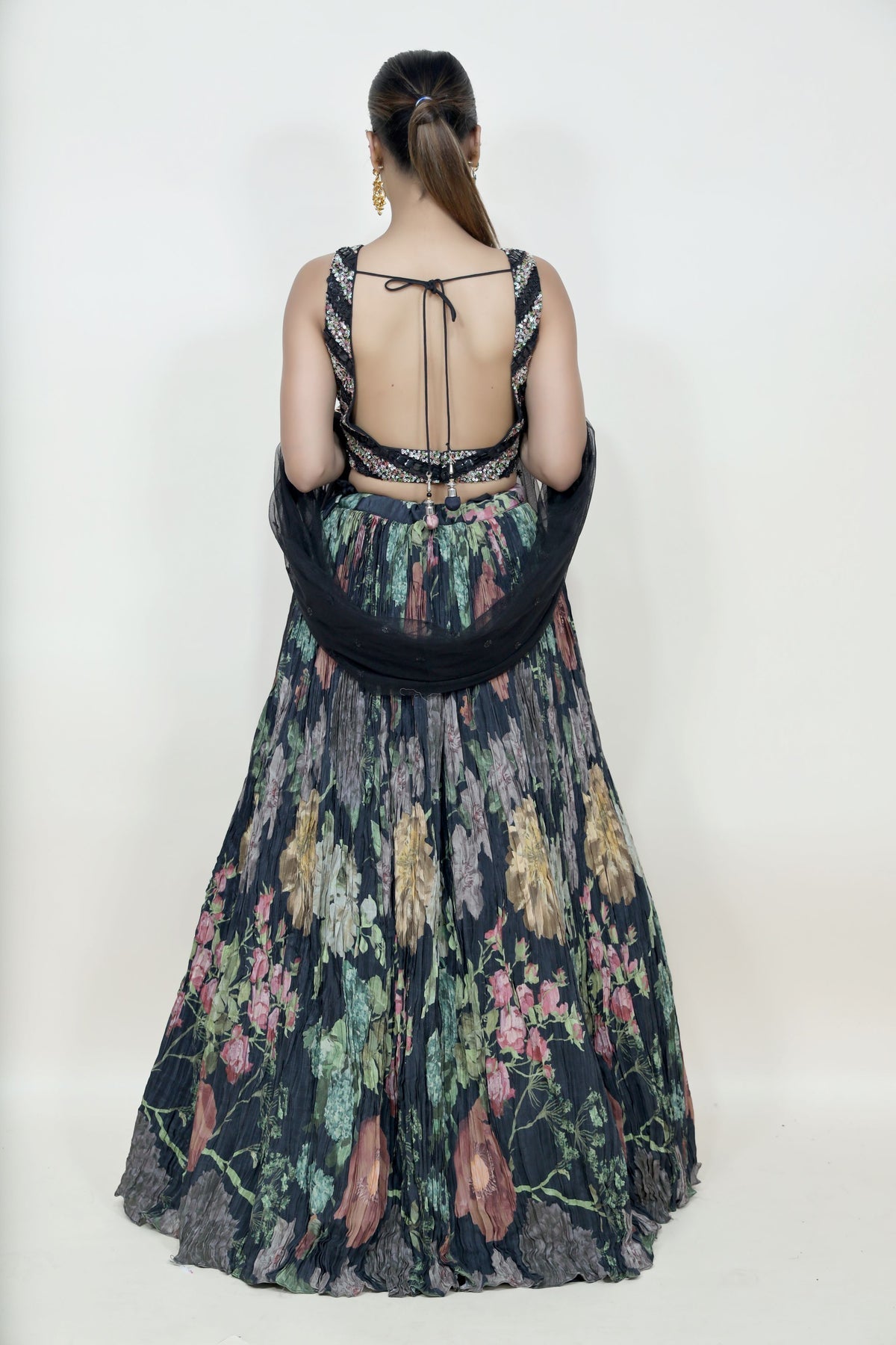 beautiful black color floral motif printed lehenga set