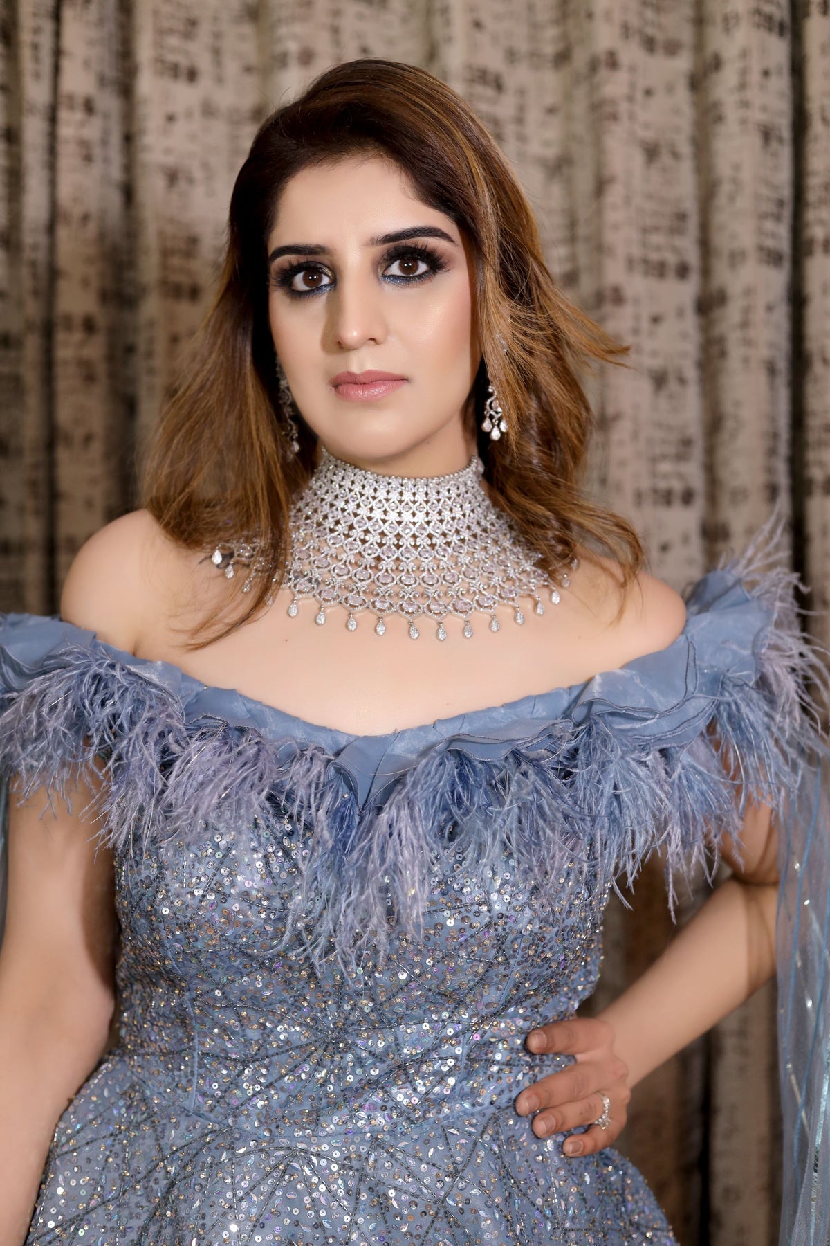 beautiful blue color geomatical motif gown