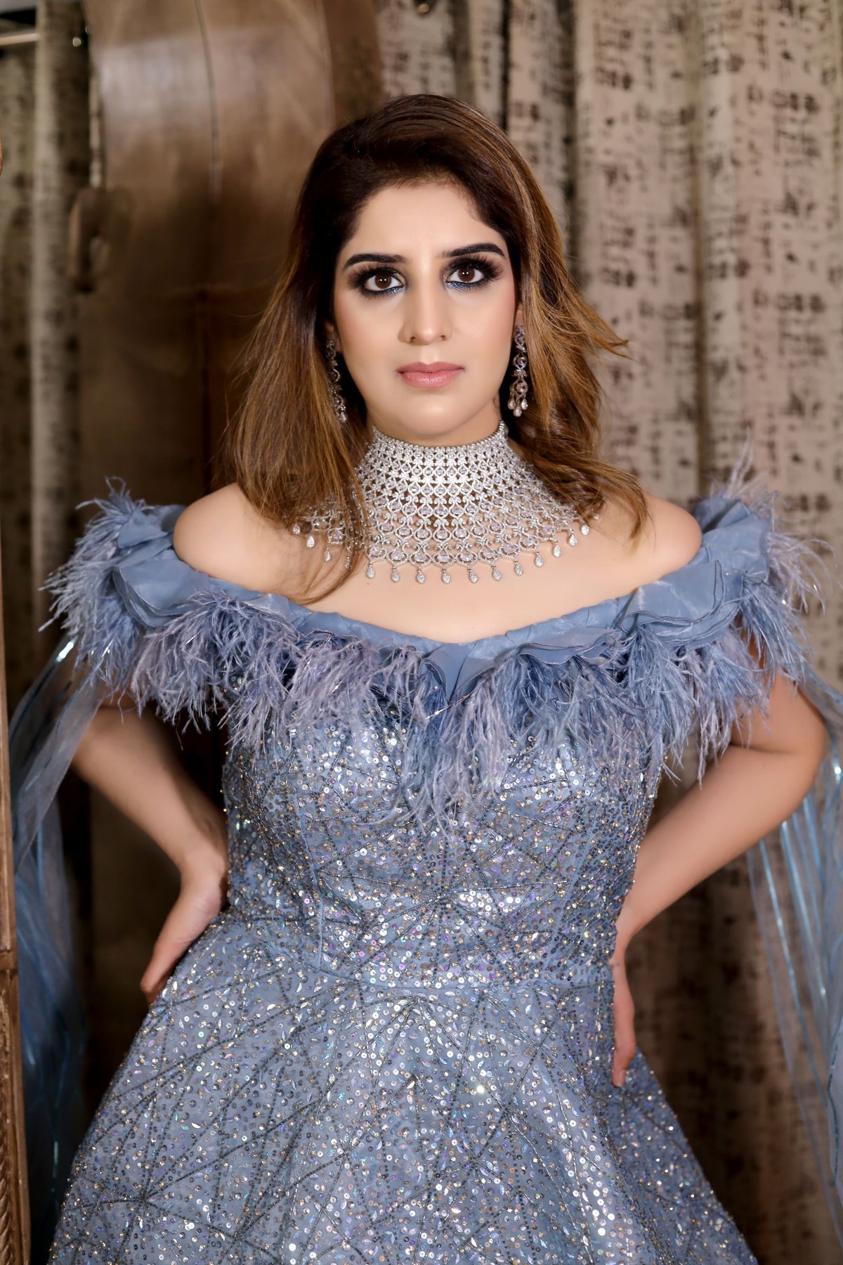 beautiful blue color geomatical motif gown