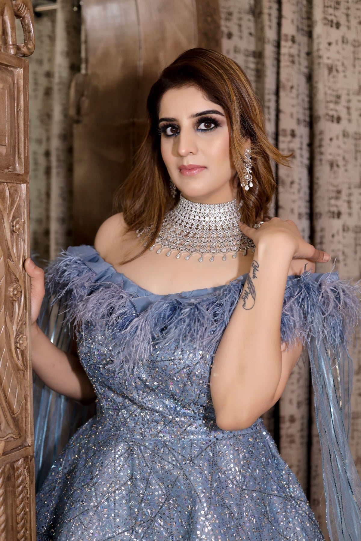 beautiful blue color geomatical motif gown