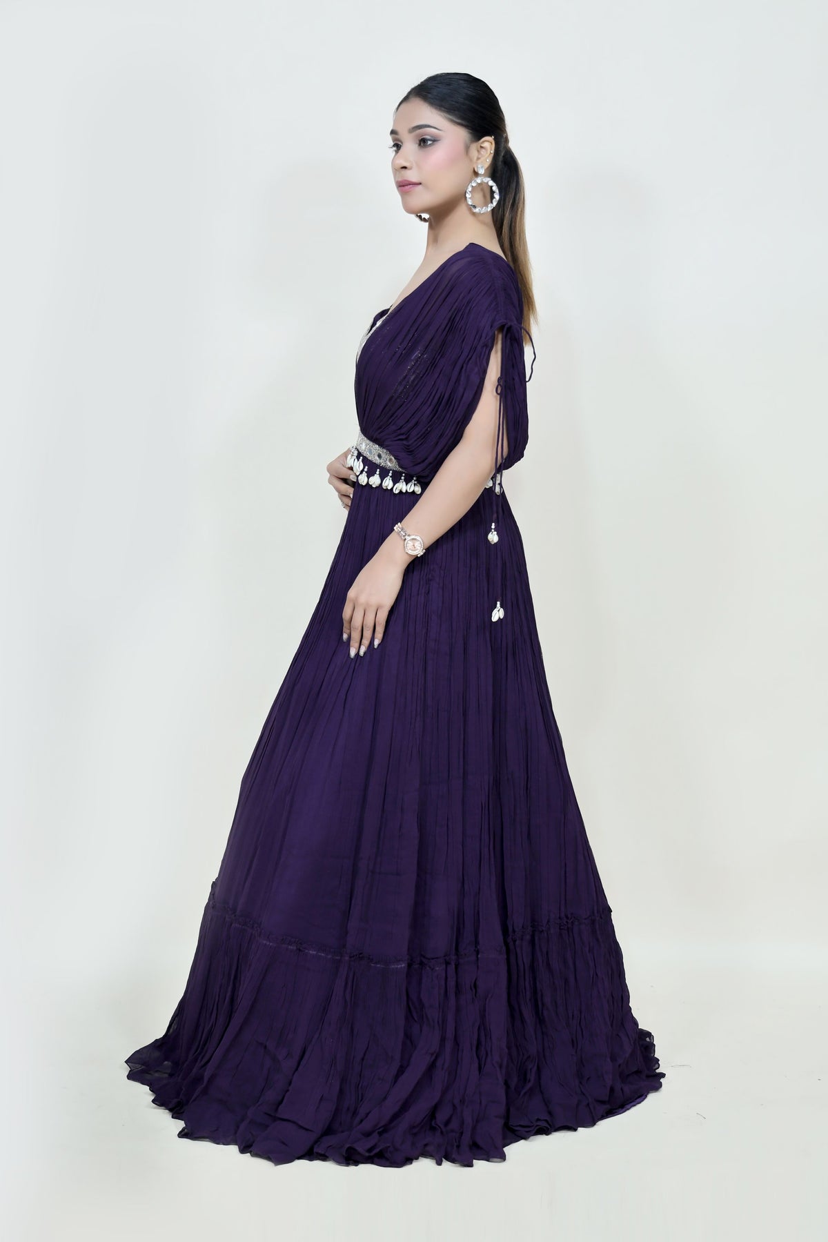 Stylish purple color dress with curtain dress