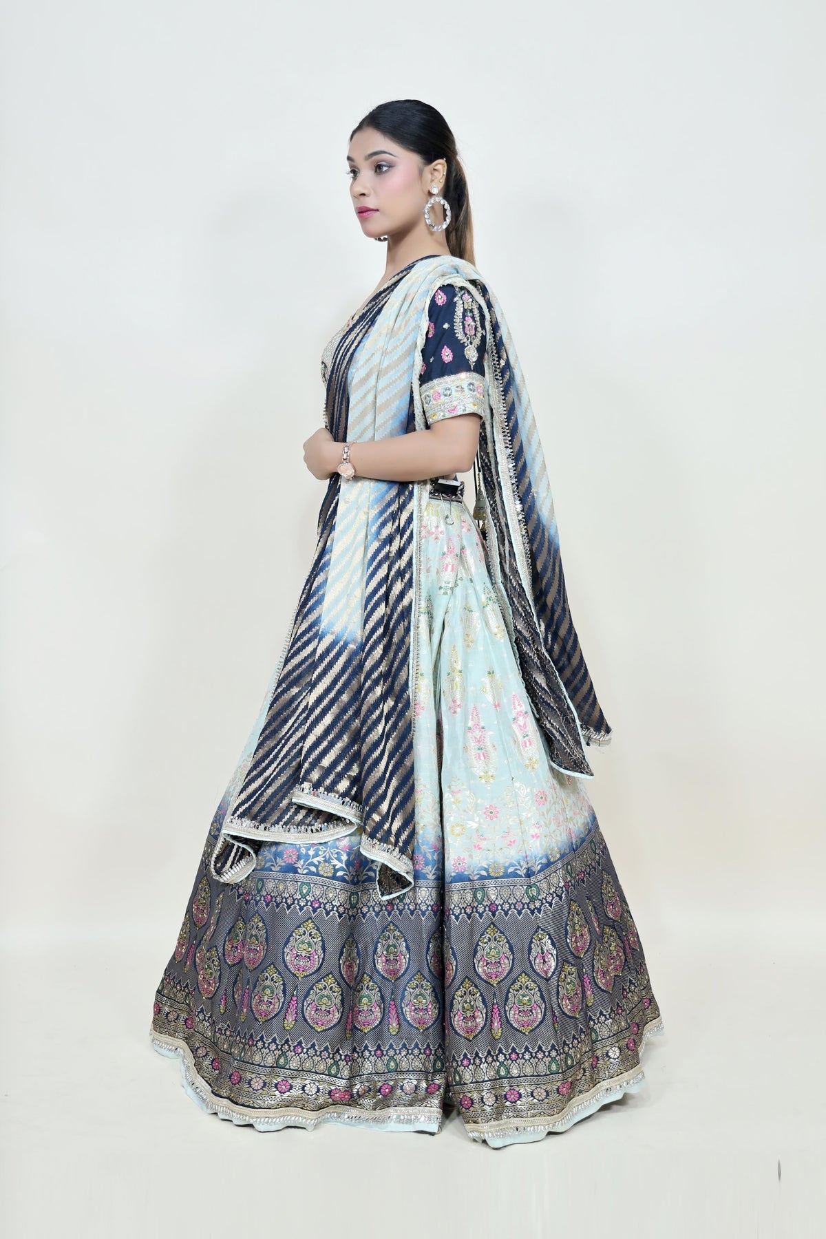 stunning blue floral motif printed lehenga
