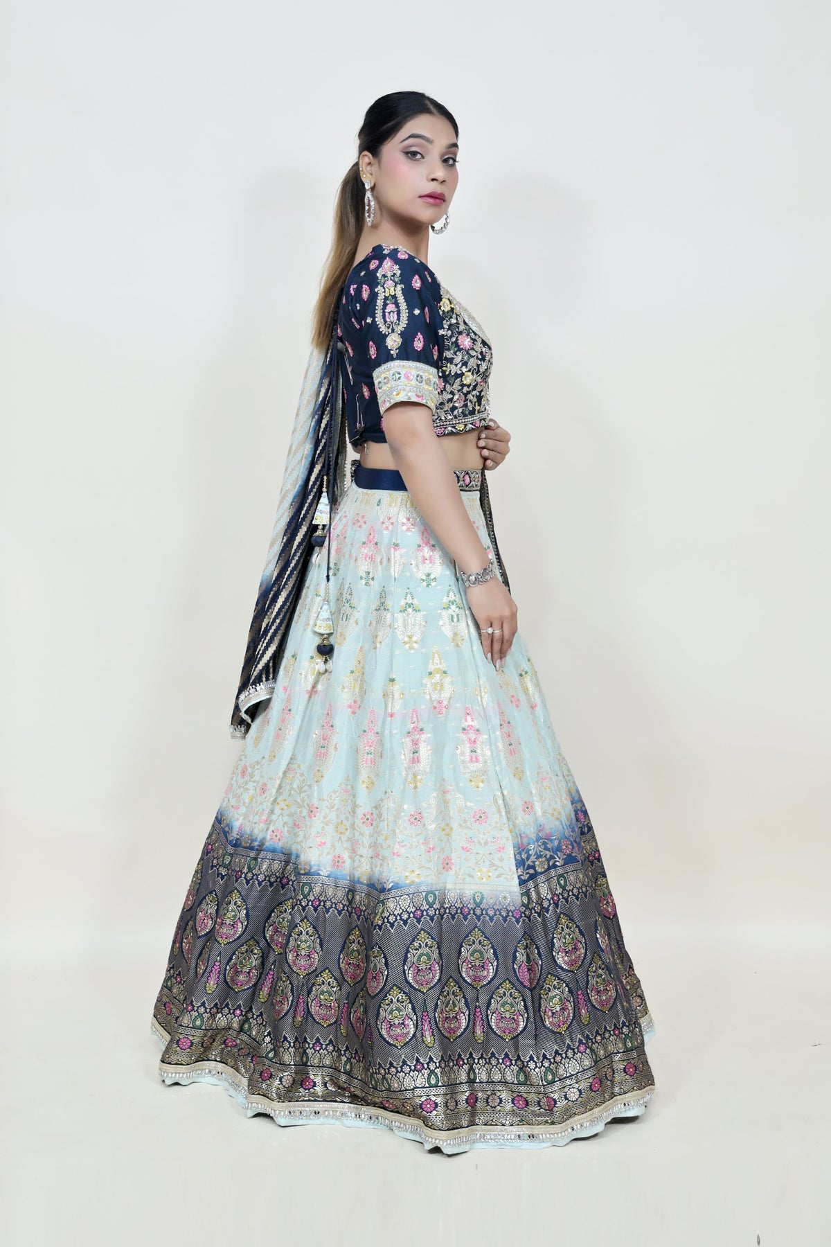 stunning blue floral motif printed lehenga