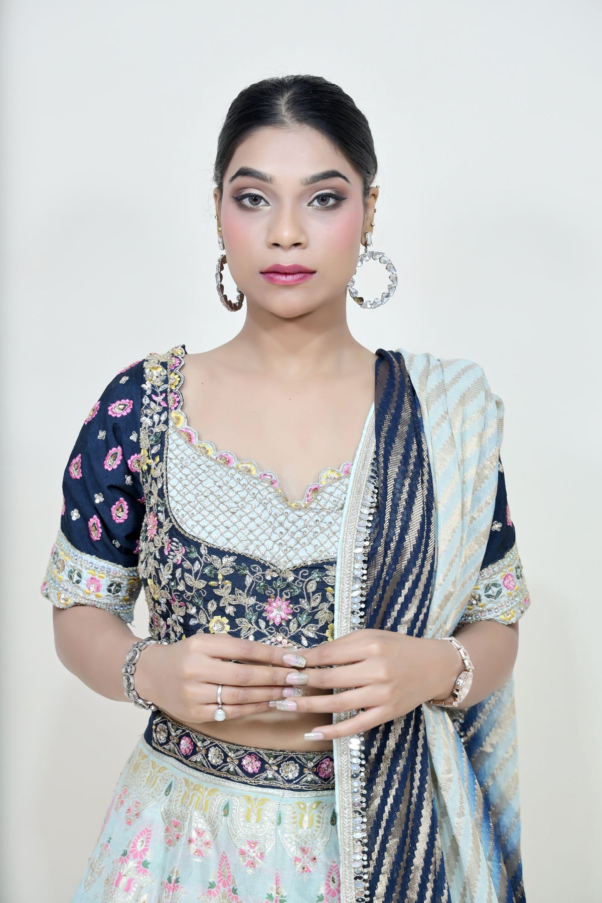 stunning blue floral motif printed lehenga