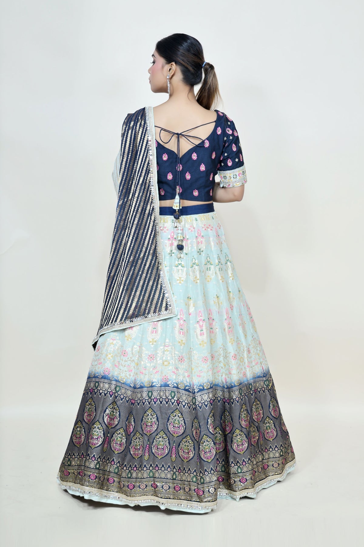 stunning blue floral motif printed lehenga