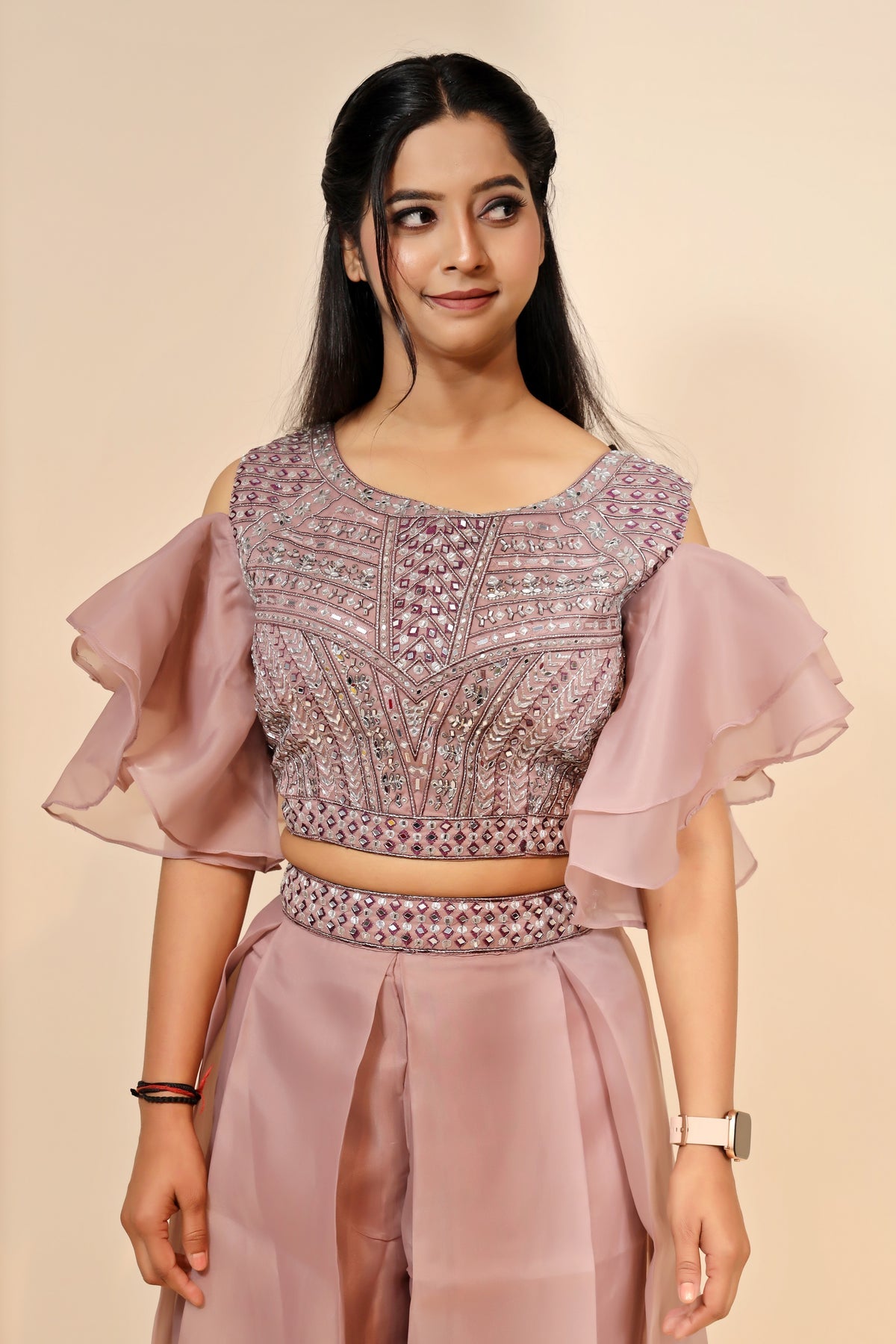 Mauve Organza Dress With Beautiful Mirror Work