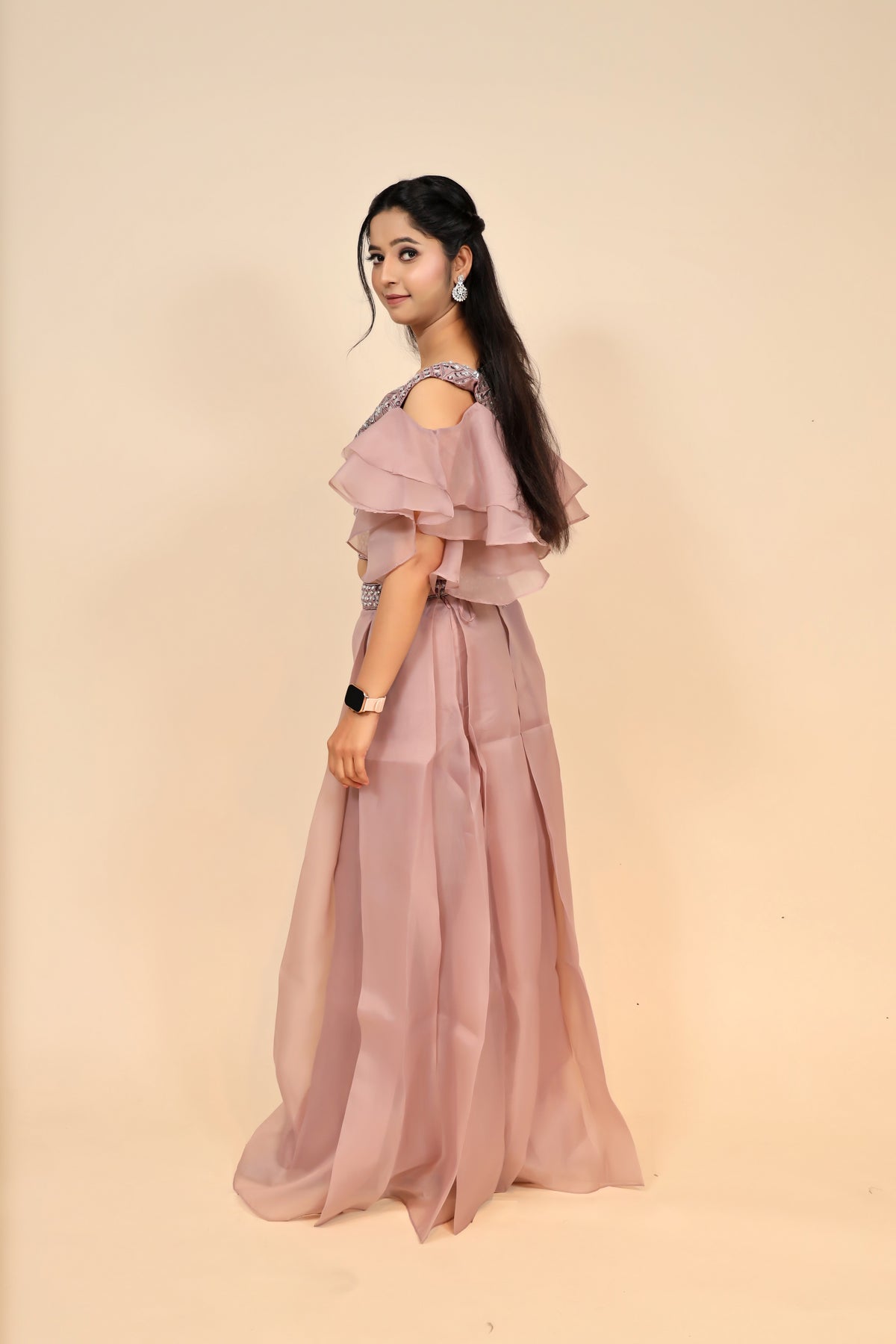 Mauve Organza Dress With Beautiful Mirror Work