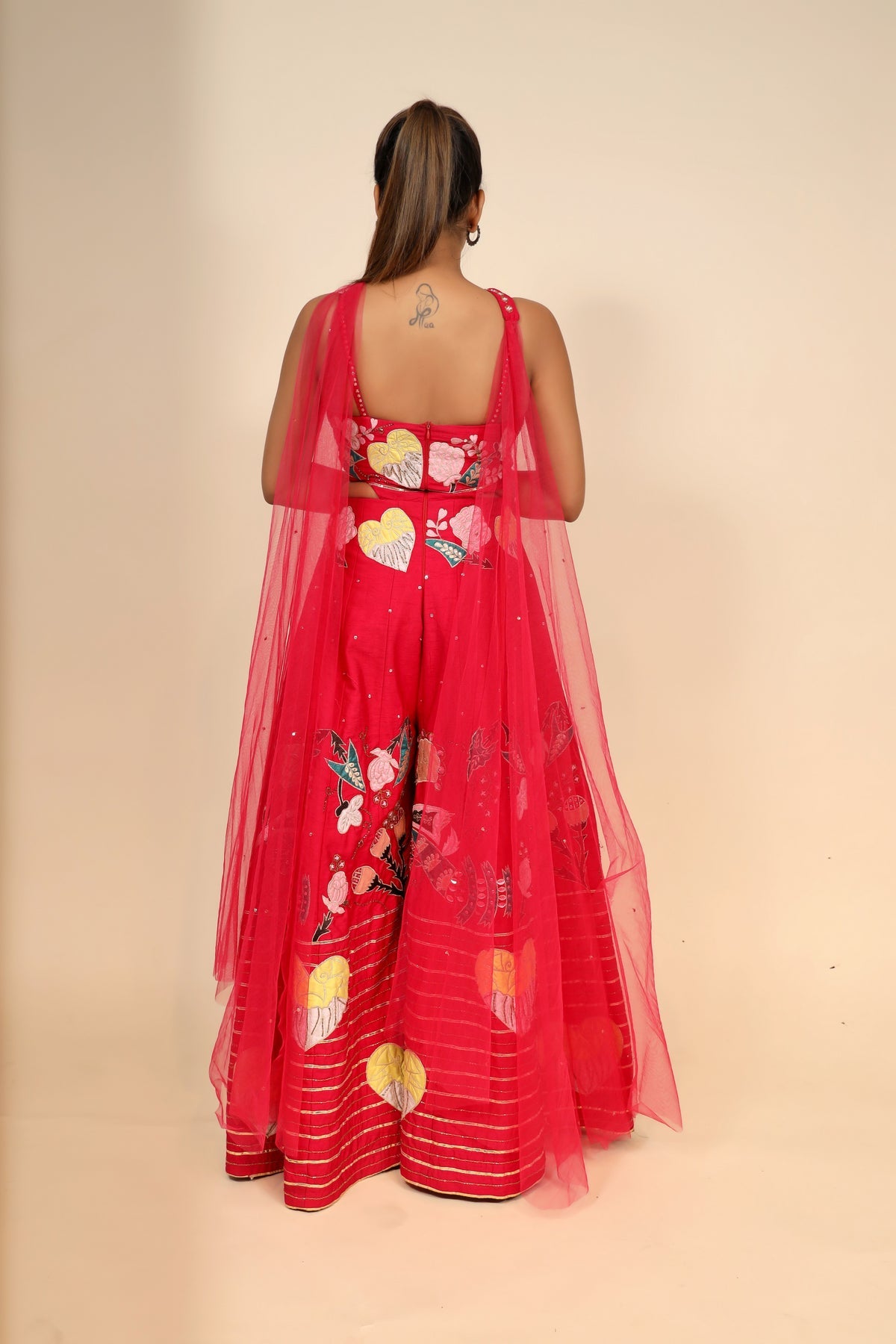 Rani Pink Silk Jumpsuit With Patchwork And Gota Patti Embellishments