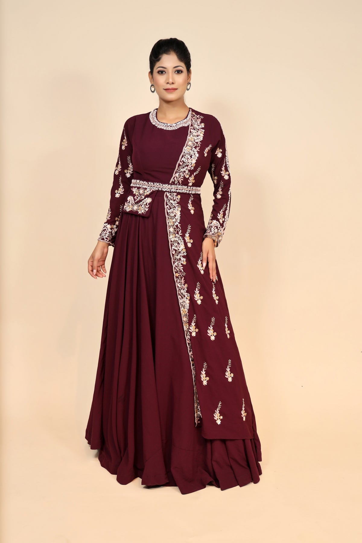Elegant Maroon Georgette Dress with Beads & Thread Work - Perfect for Special Occasions