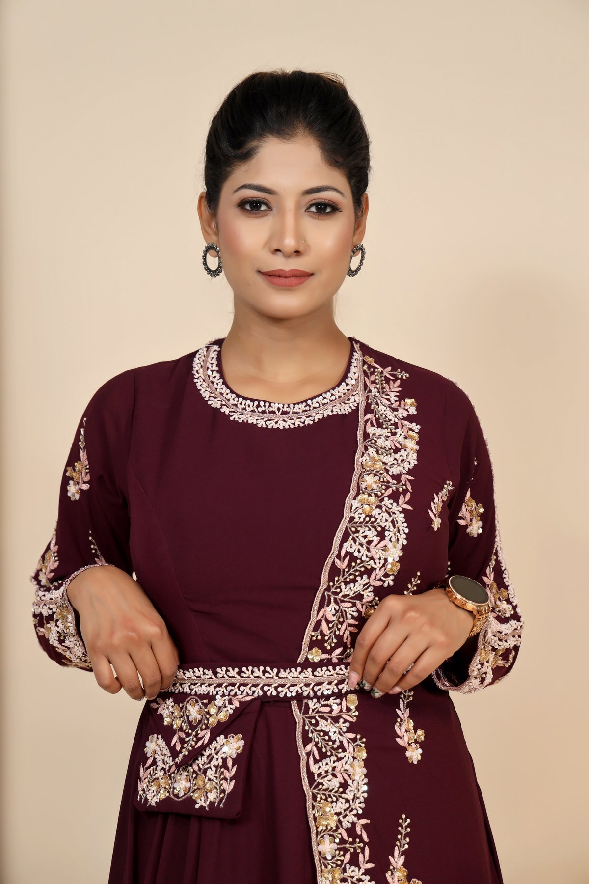 Elegant Maroon Georgette Dress with Beads & Thread Work - Perfect for Special Occasions