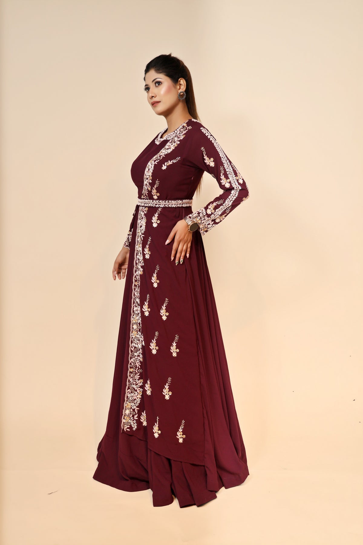 Elegant Maroon Georgette Dress with Beads & Thread Work - Perfect for Special Occasions