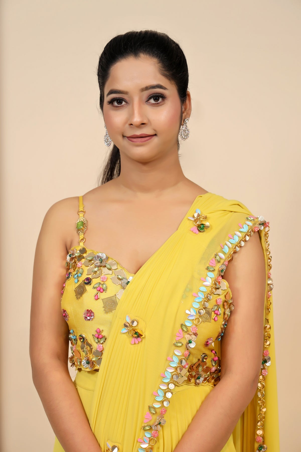 Elegant Yellow Chiffon Dress with Beaded Patti Work - Designer Wear for Women