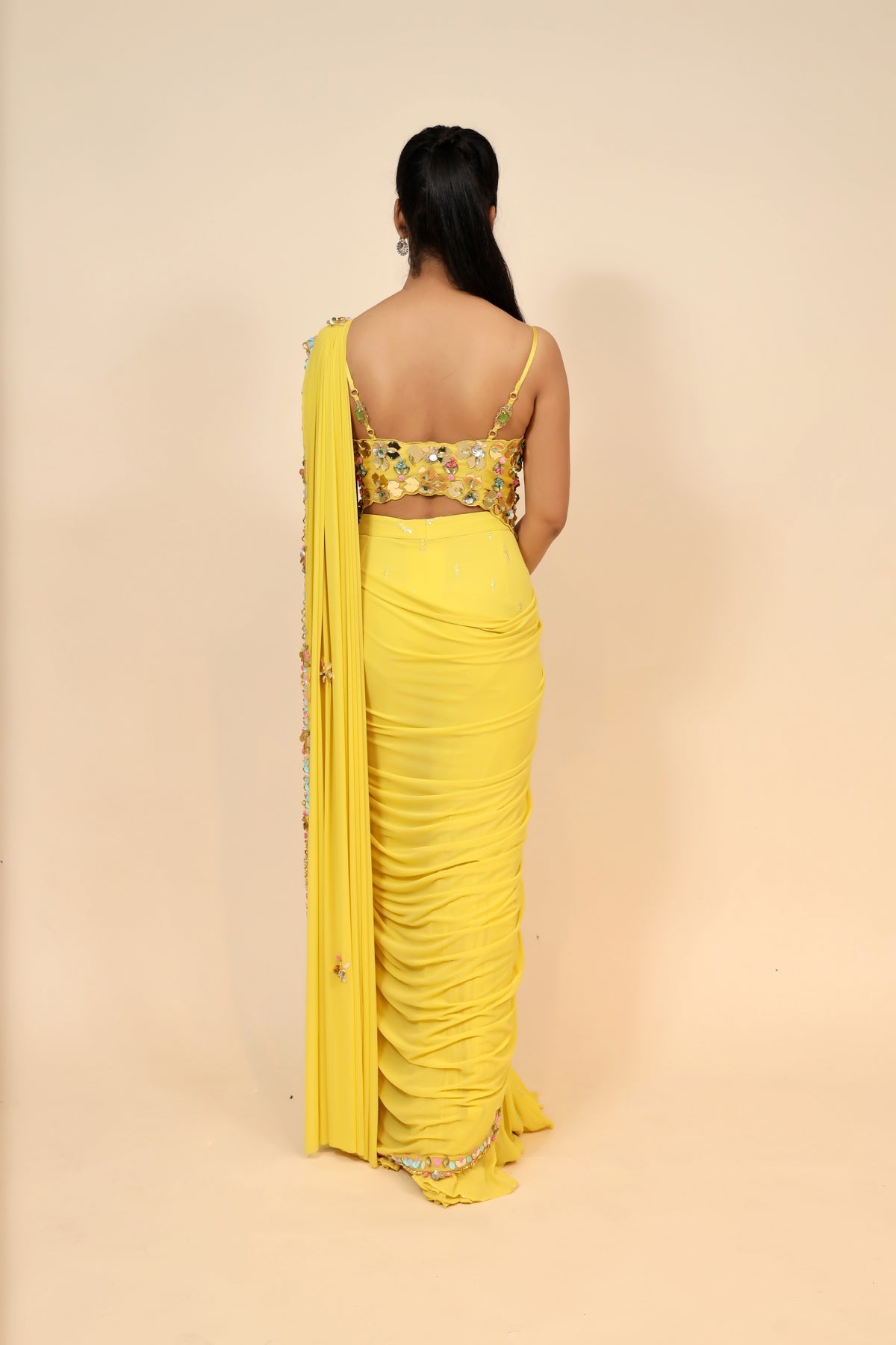 Elegant Yellow Chiffon Dress with Beaded Patti Work - Designer Wear for Women