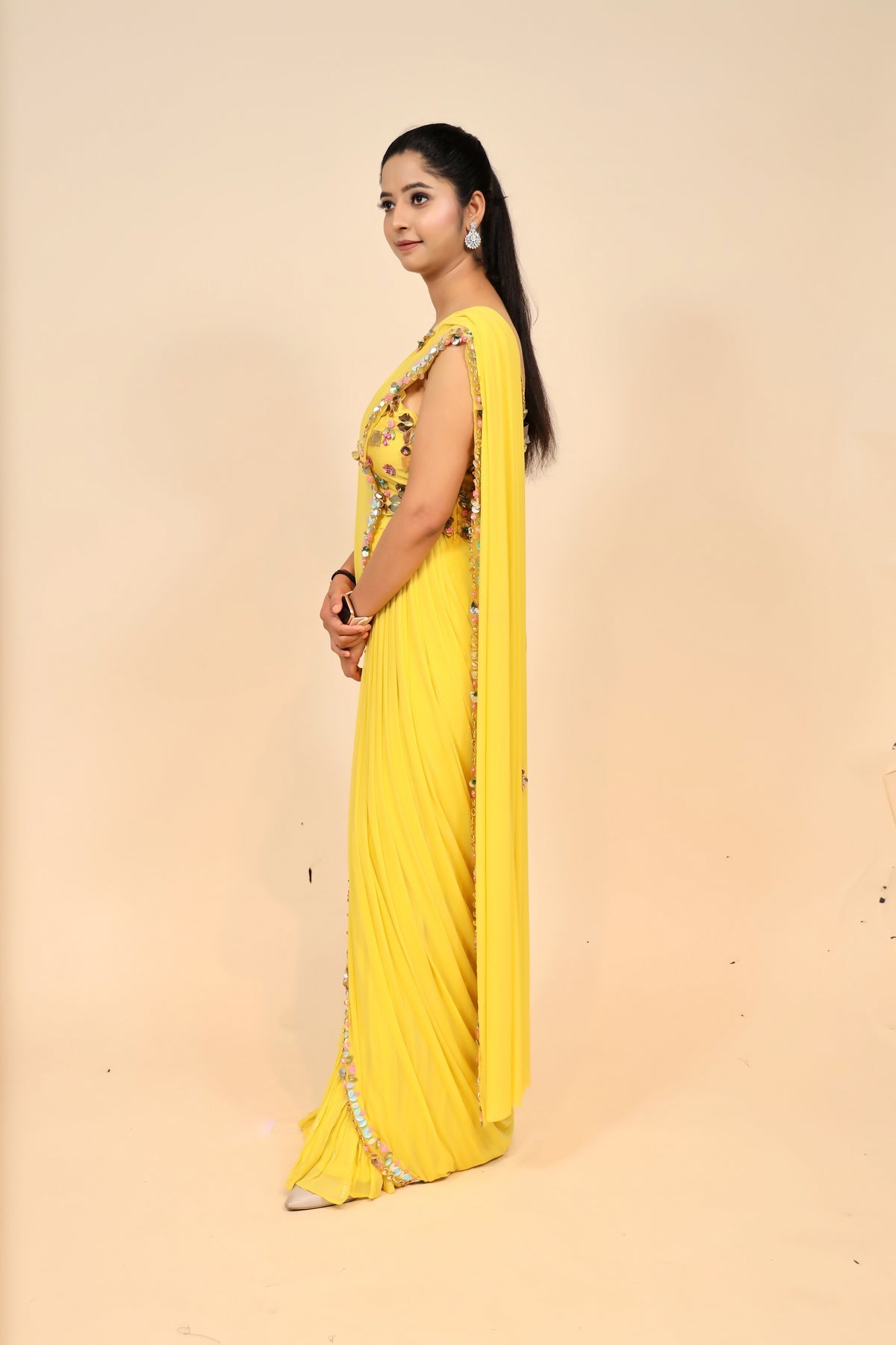 Elegant Yellow Chiffon Dress with Beaded Patti Work - Designer Wear for Women