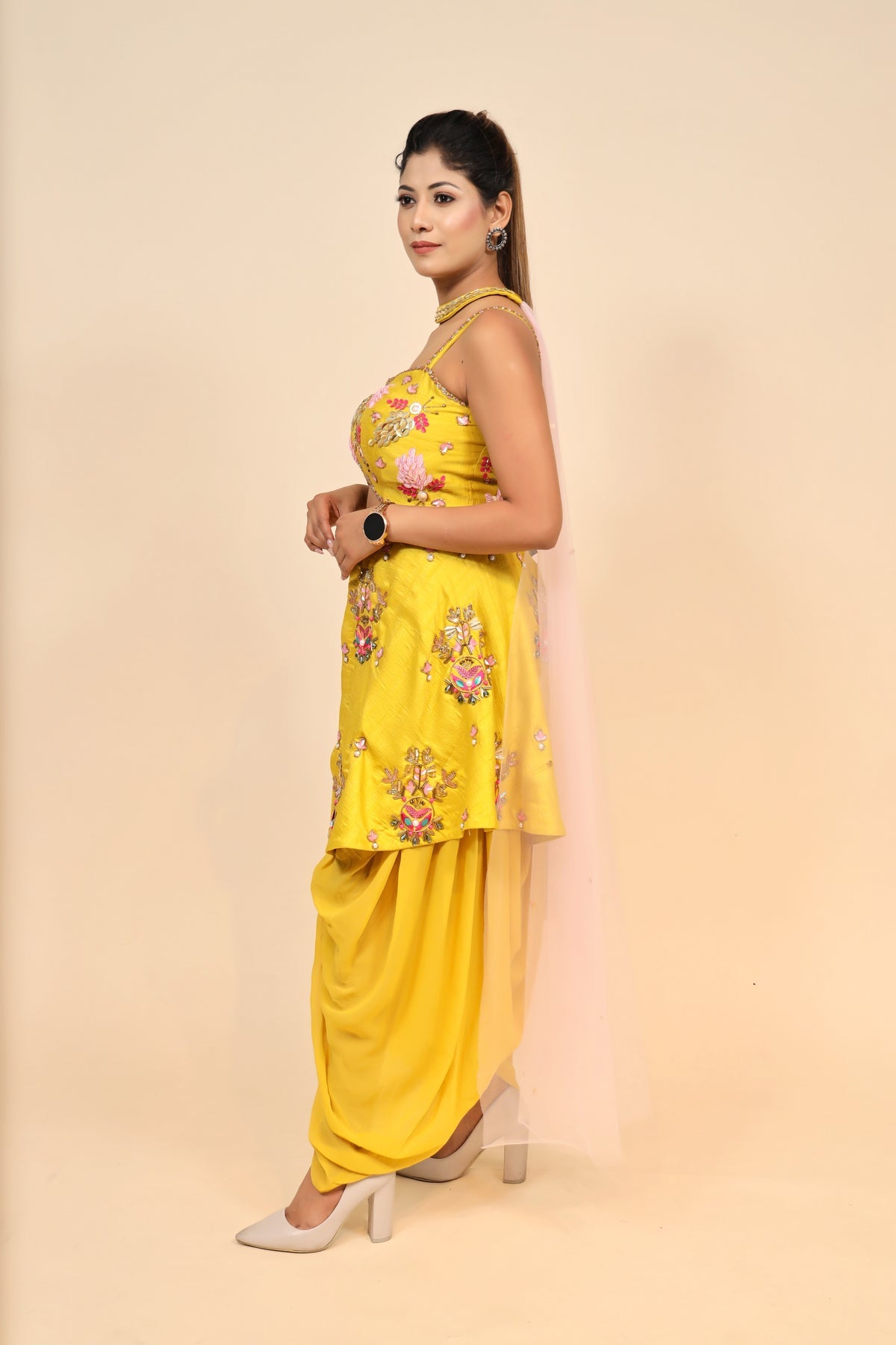 Mustard Yellow Silk Dress with Exquisite Patti Work and Cut Dana Detailing