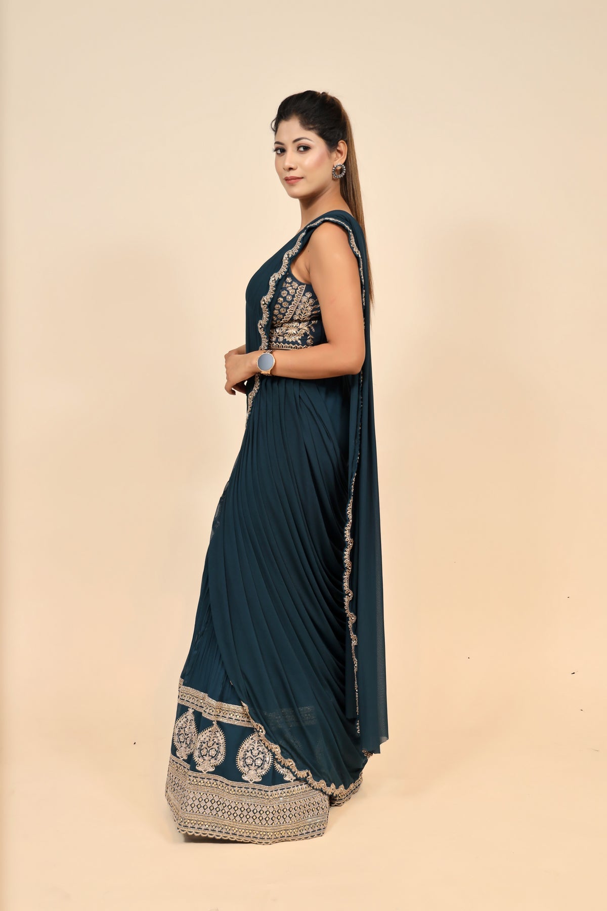 Enchanting Bottle Green Chiffon Dress with Shimmering Sequins and Beads