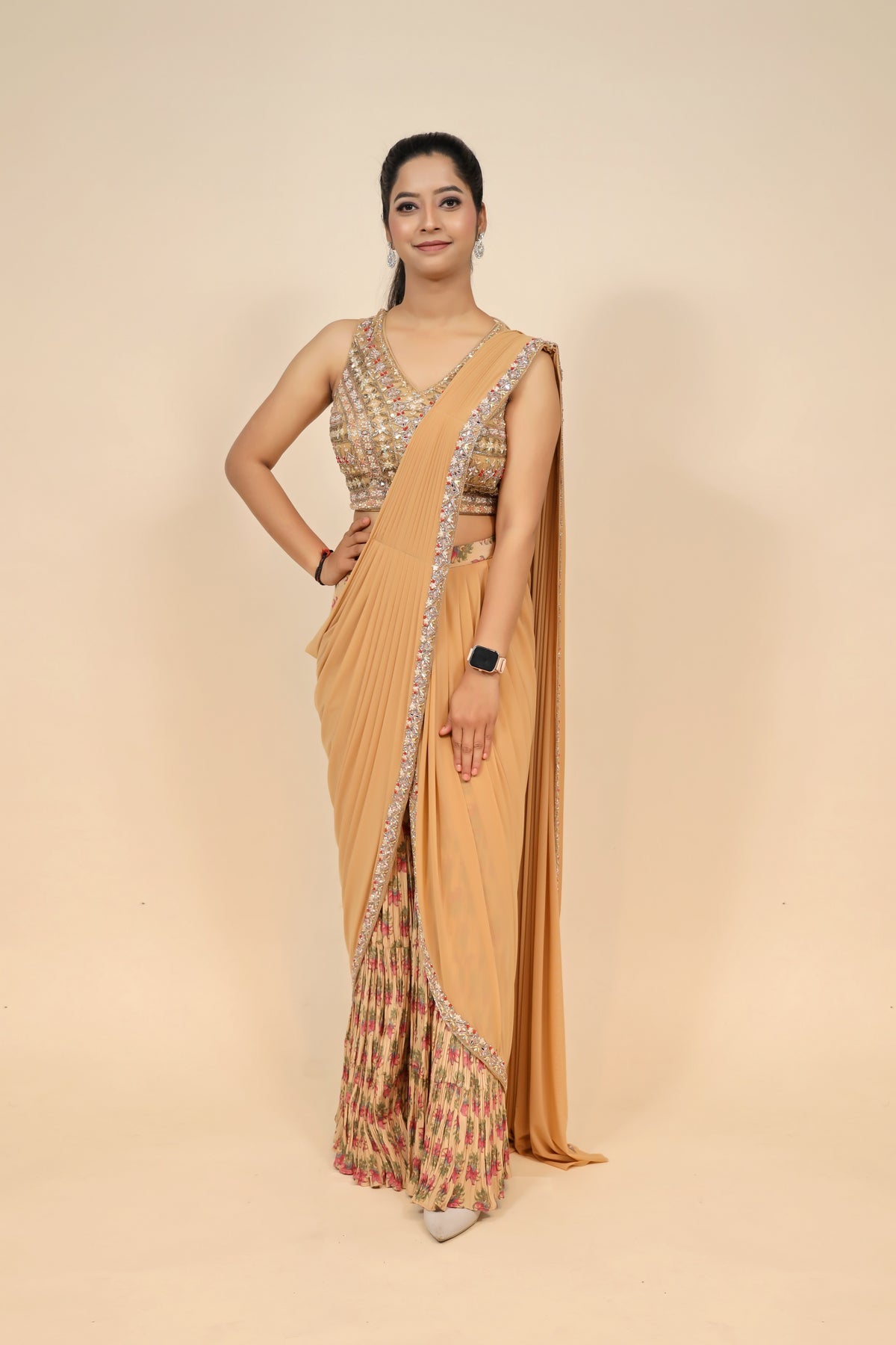 Peach Net Dress with Floral Print and Embellishments