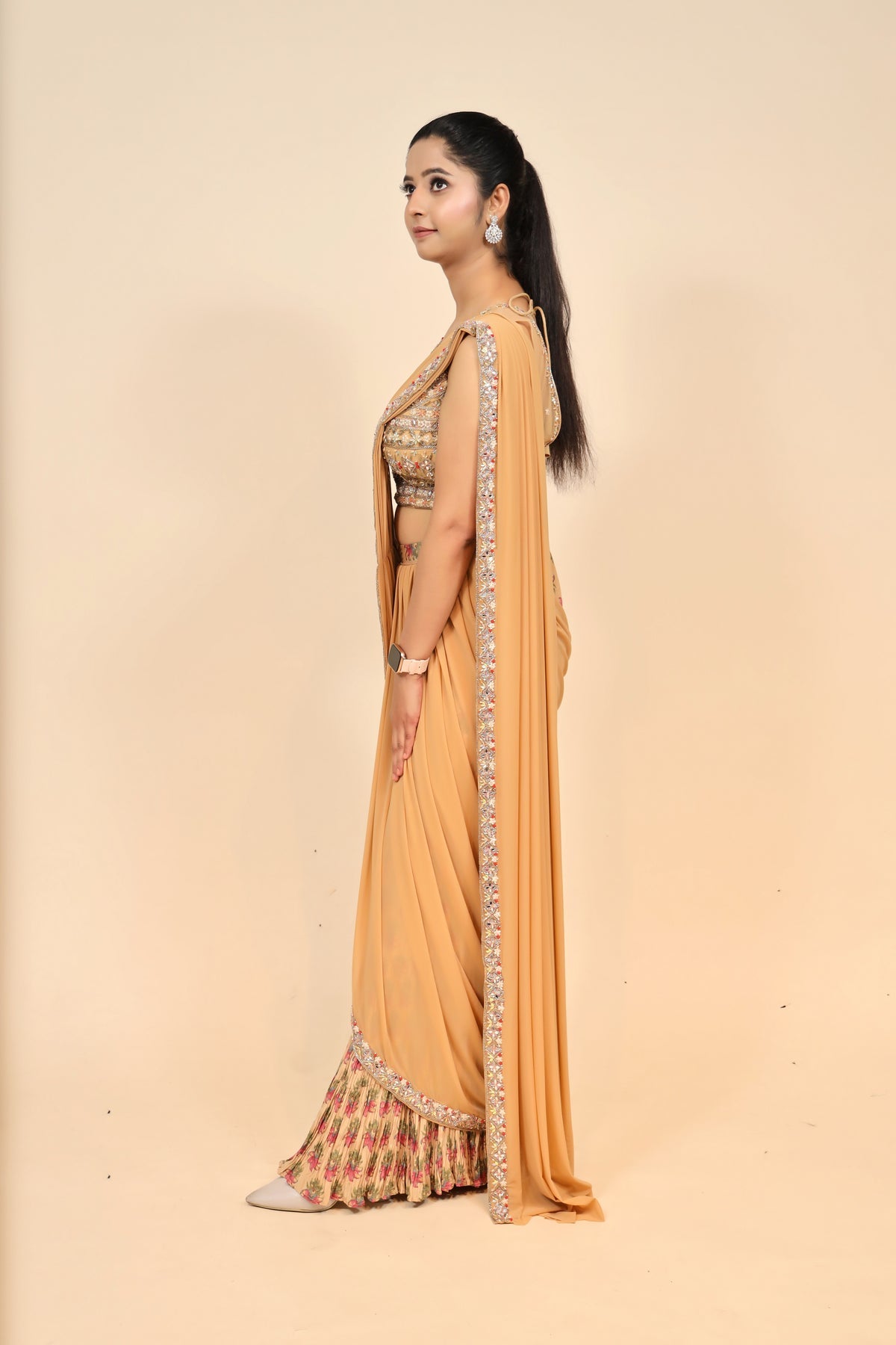 Peach Net Dress with Floral Print and Embellishments
