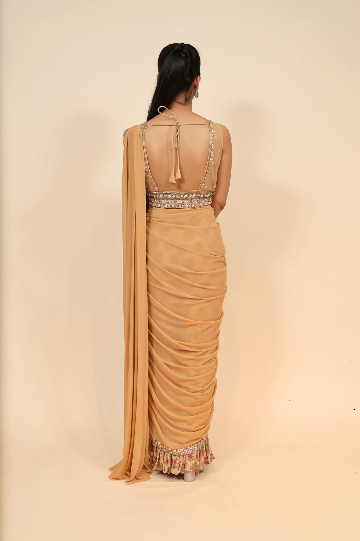 Peach Net Dress with Floral Print and Embellishments