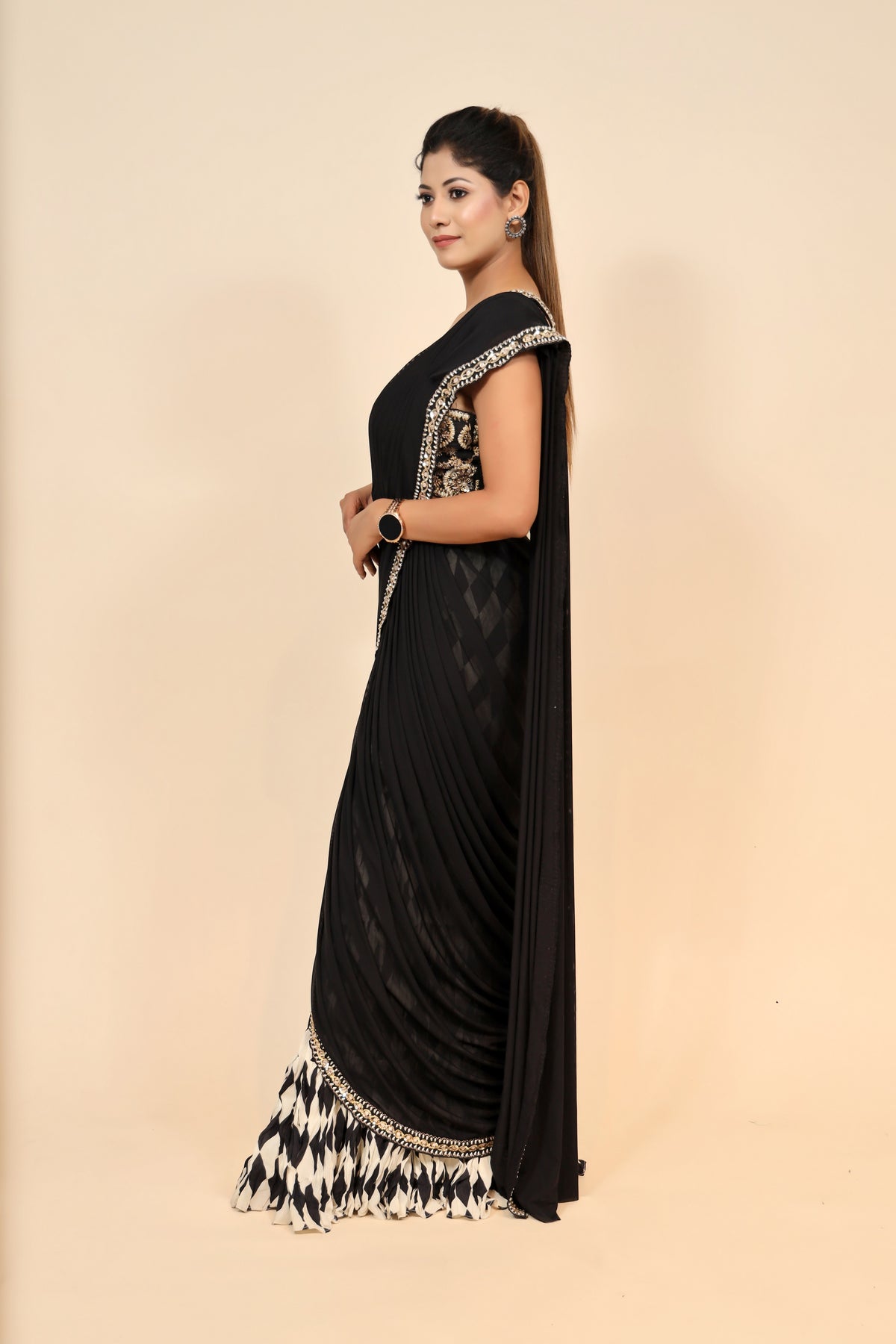 Monochrome Chiffon Dress With Beads And Sequin