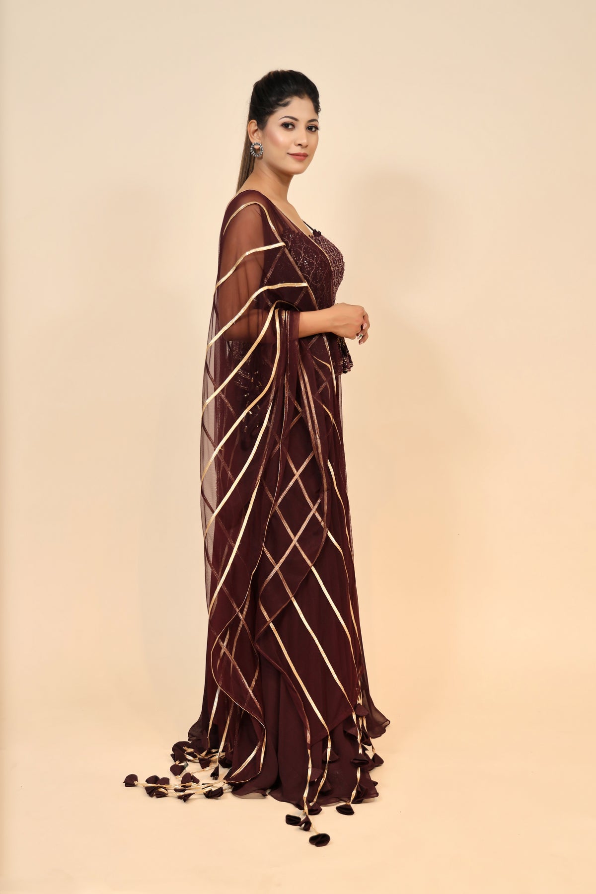 Stand Out In Style with Our Wine Georgette Dress with Cut Dana & Sequins