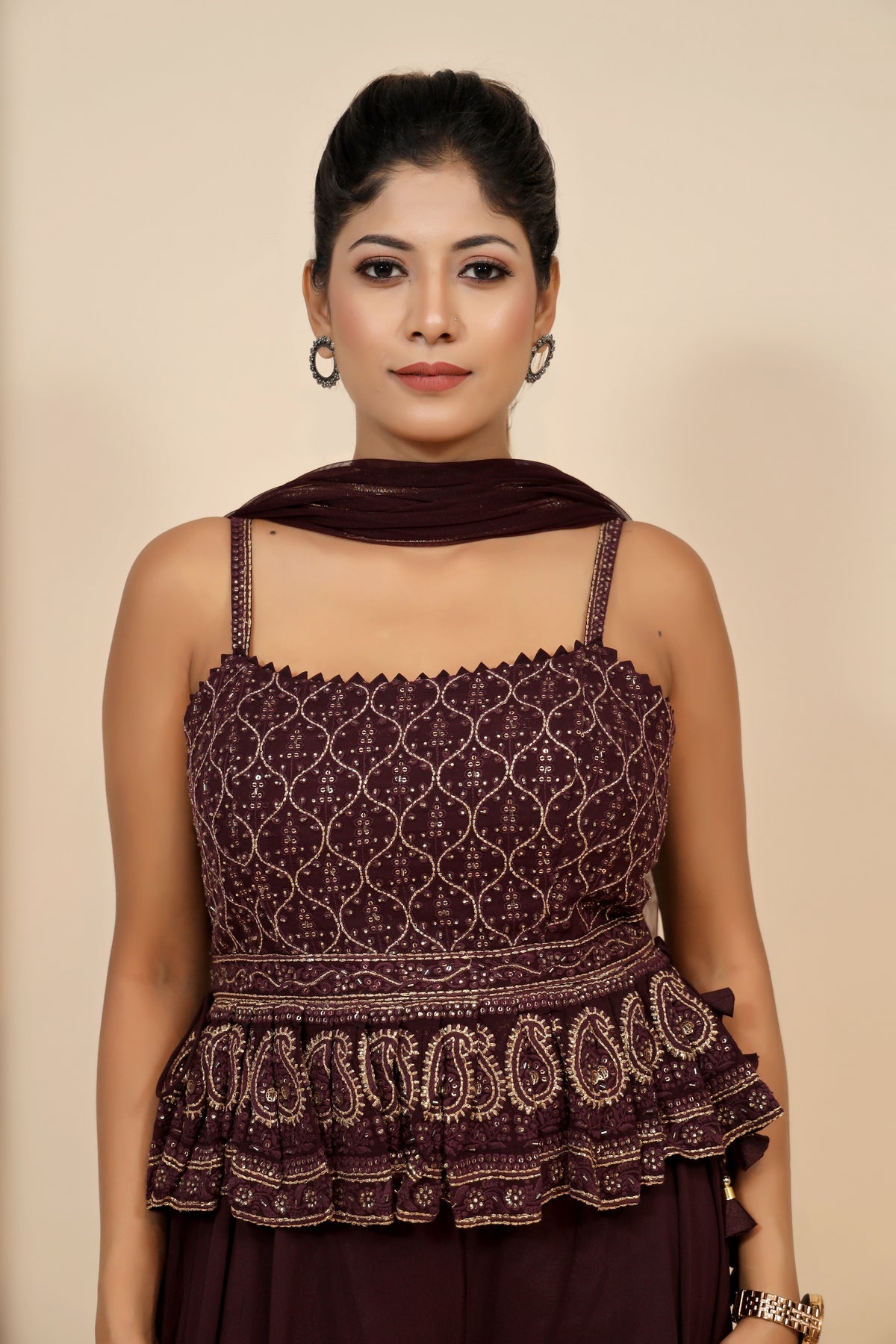 Stand Out In Style with Our Wine Georgette Dress with Cut Dana & Sequins