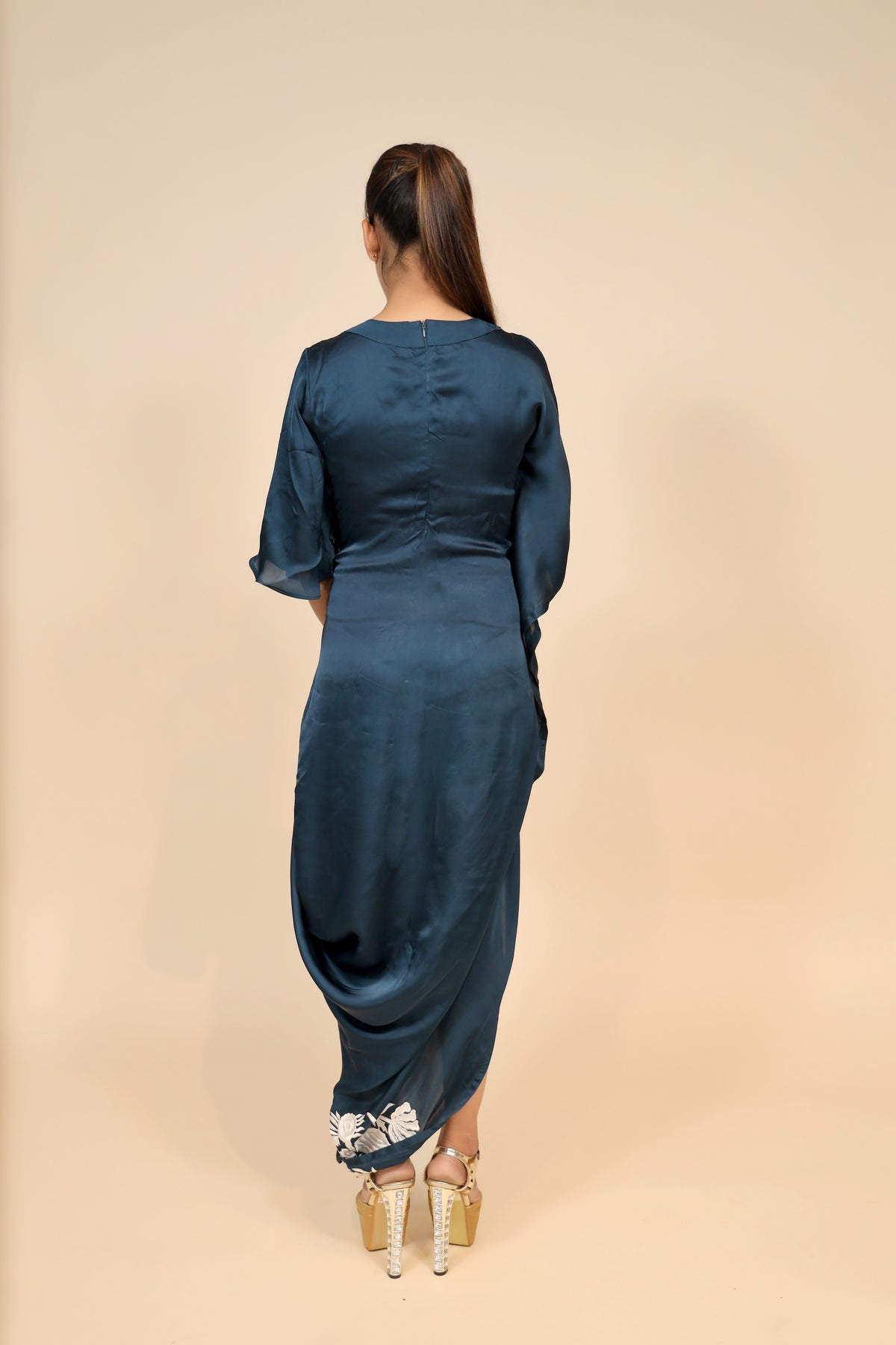 Elegant Navy Blue Satin Silk Dress - Exquisite Machine Embroidery
