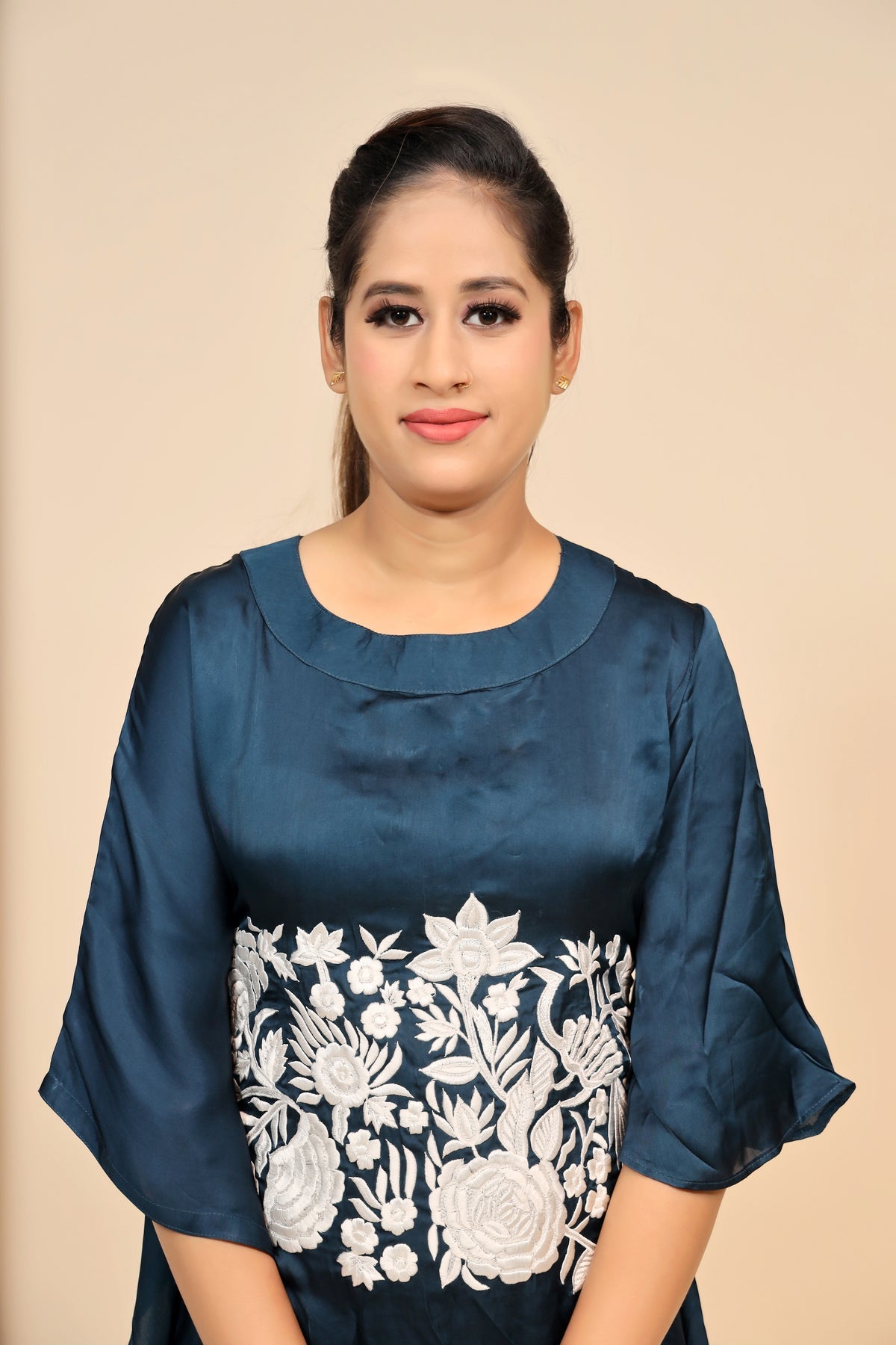 Elegant Navy Blue Satin Silk Dress - Exquisite Machine Embroidery