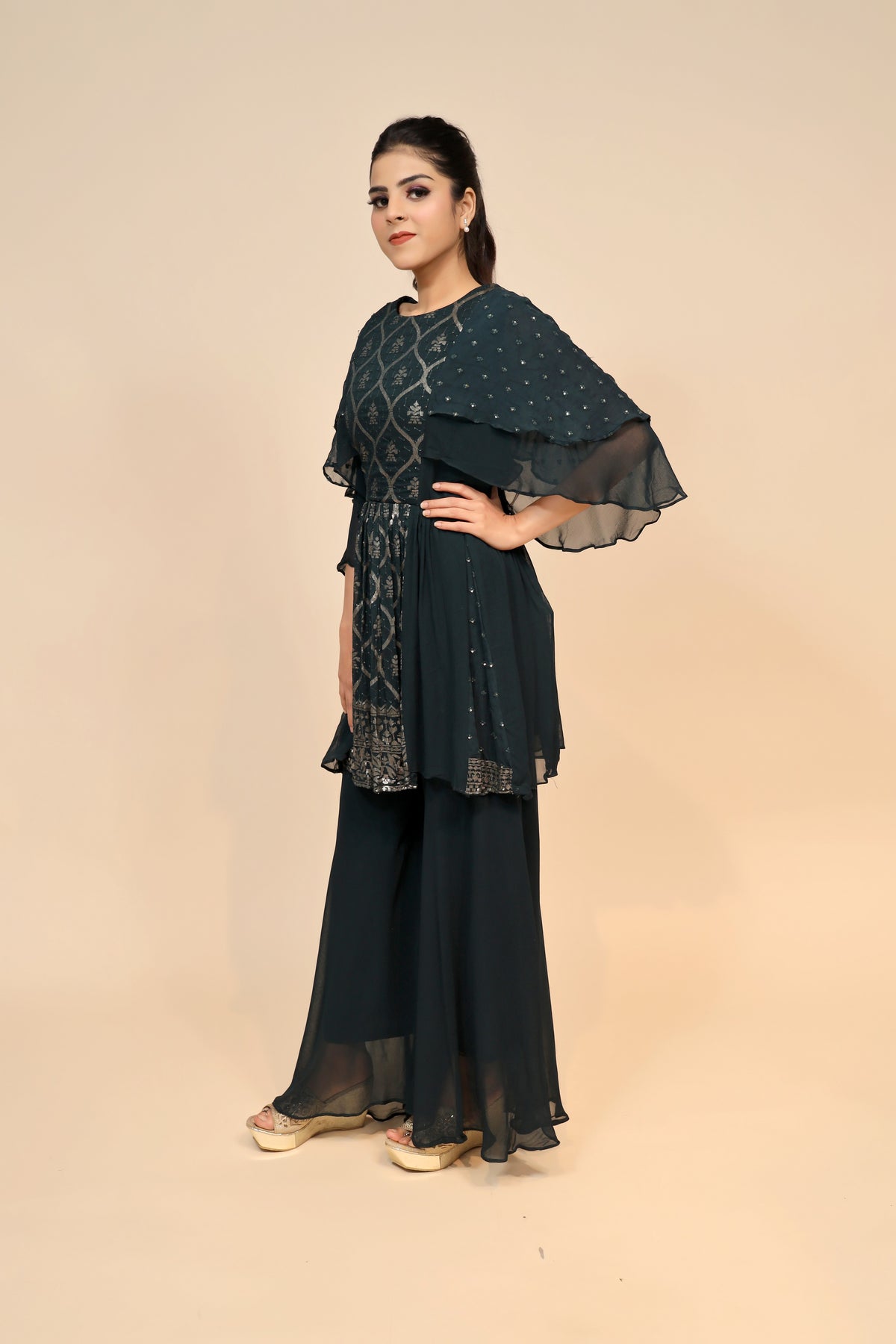 Stunning Bottle Green Georgette Dress - Exquisite Sequin and Thread Work