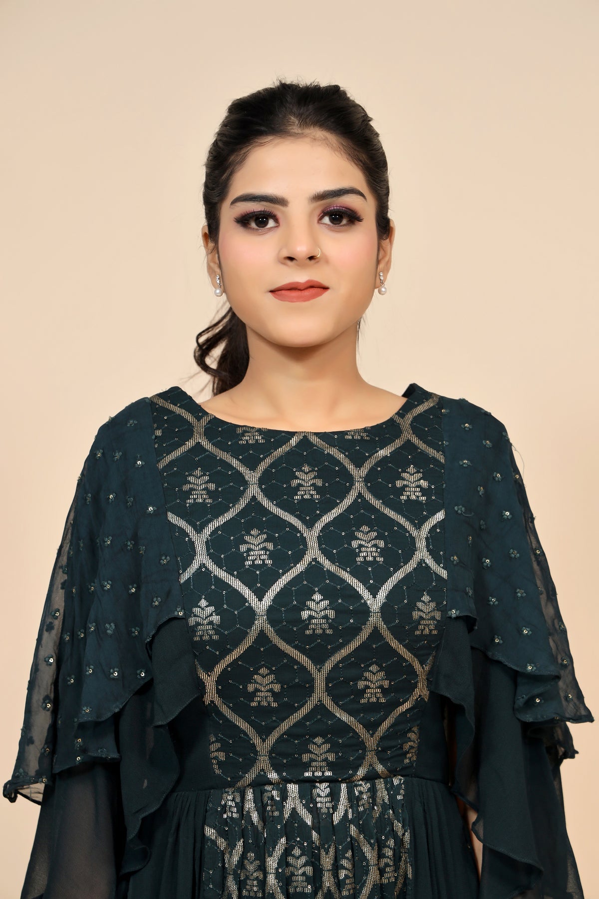 Stunning Bottle Green Georgette Dress - Exquisite Sequin and Thread Work
