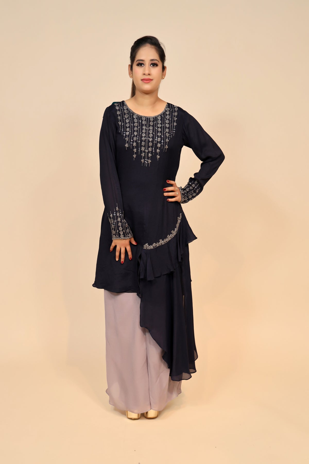 Stylish Navy Blue and Mauve Chinon Dress - Poth Work, Cut Dana
