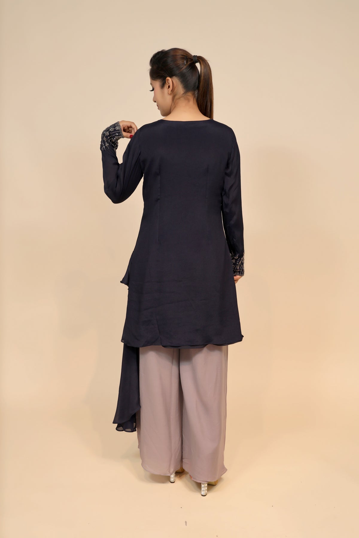 Stylish Navy Blue and Mauve Chinon Dress - Poth Work, Cut Dana