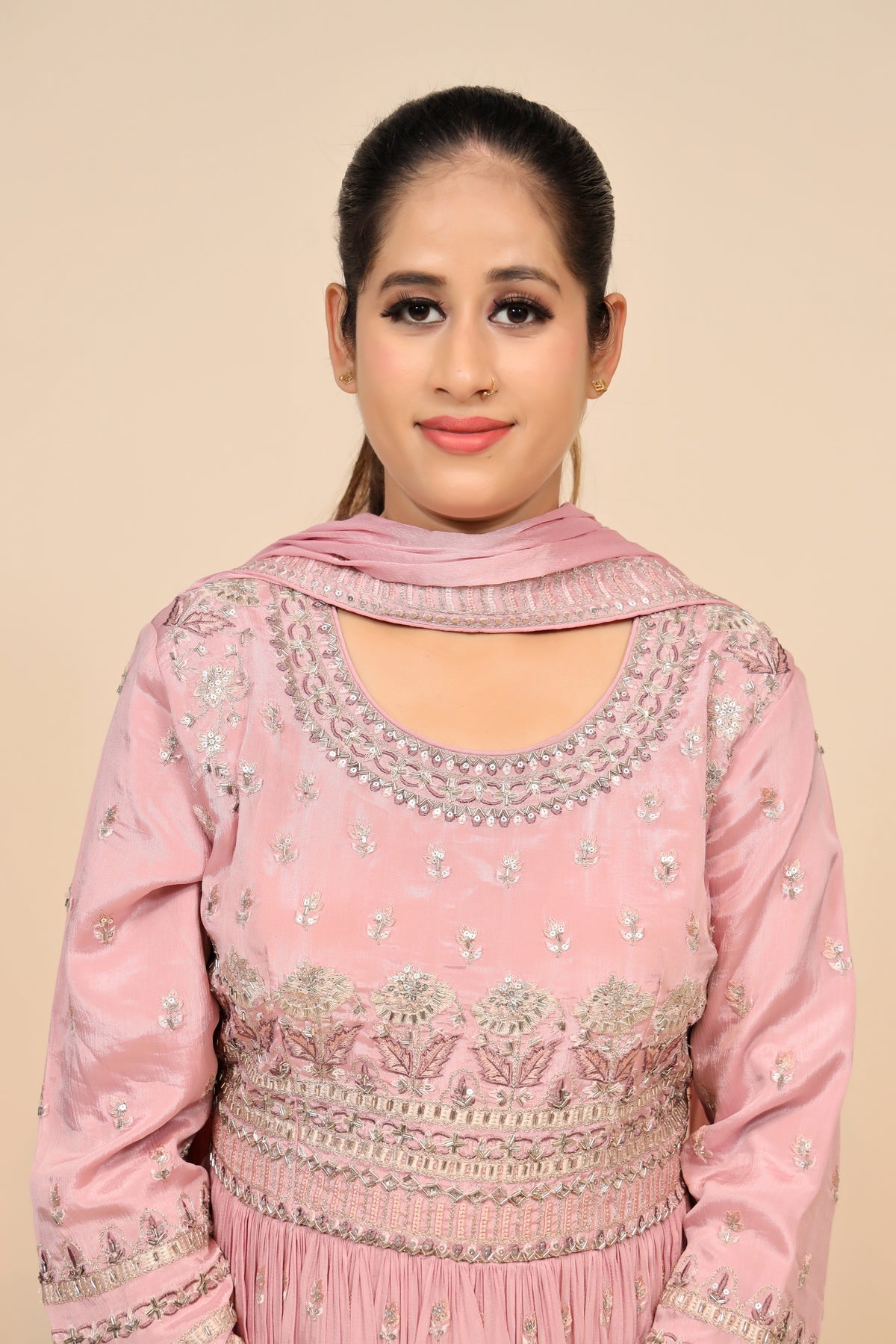 Charming Baby Pink Chinon Suit With Sali, Resham Work & Sequins