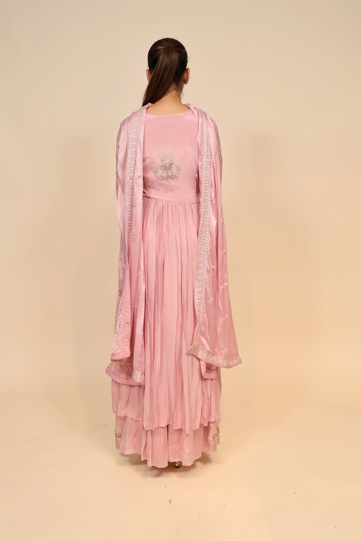 Charming Baby Pink Chinon Suit With Sali, Resham Work & Sequins