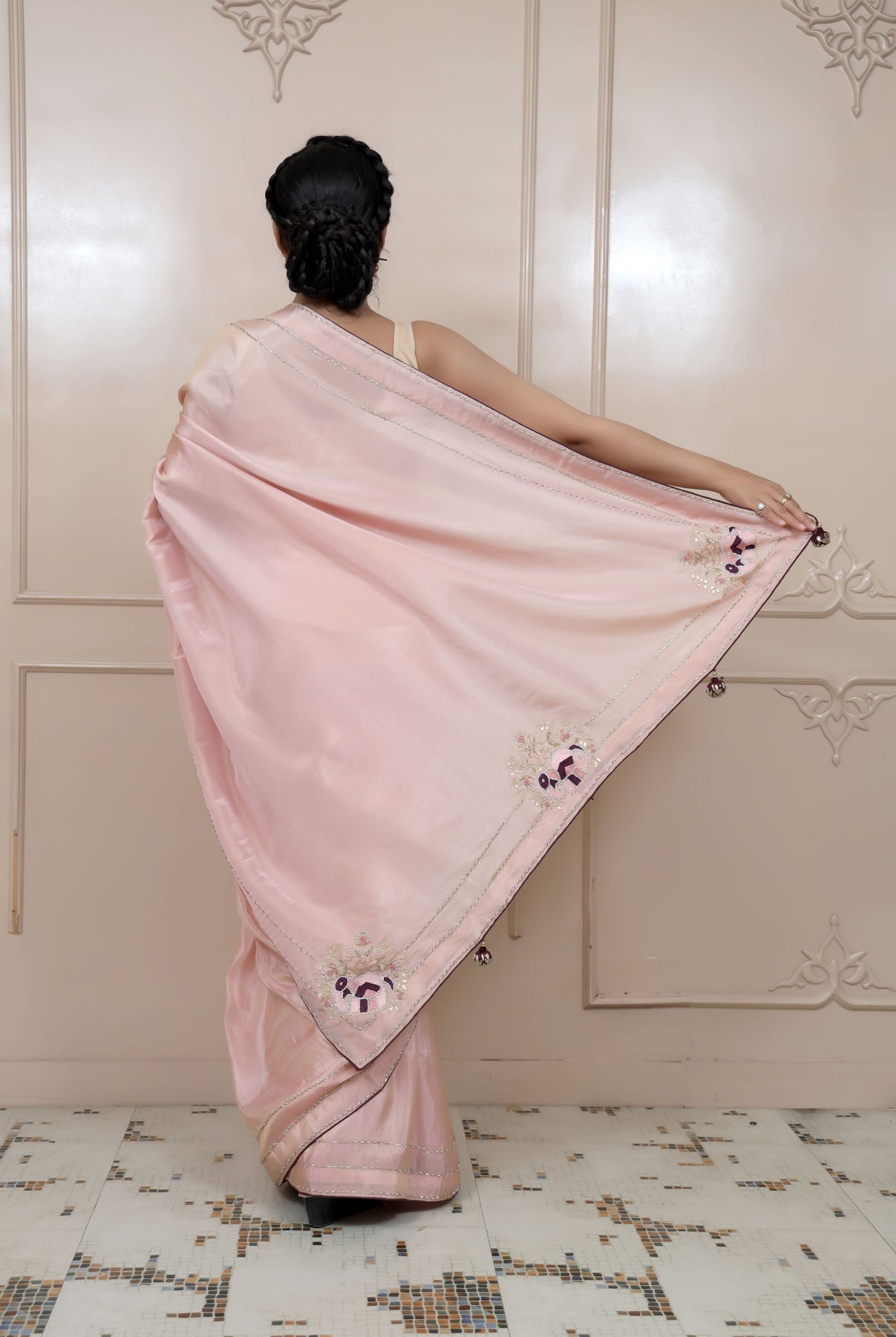 beautiful baby pink color elephant motif embroidered saree